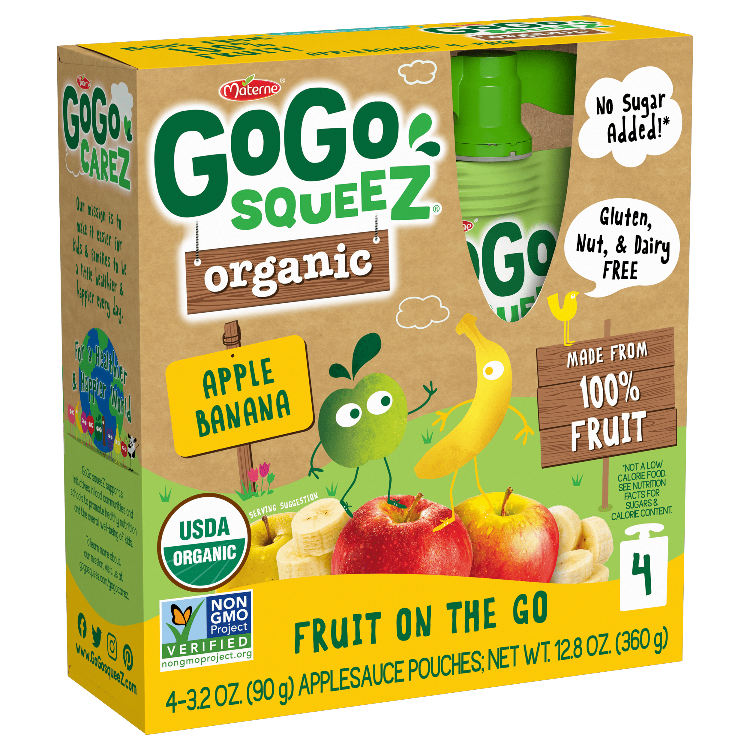 Gogo Squeez Pouches Fruit Blend Snack Organic Apple Banana 4 pack Product Box