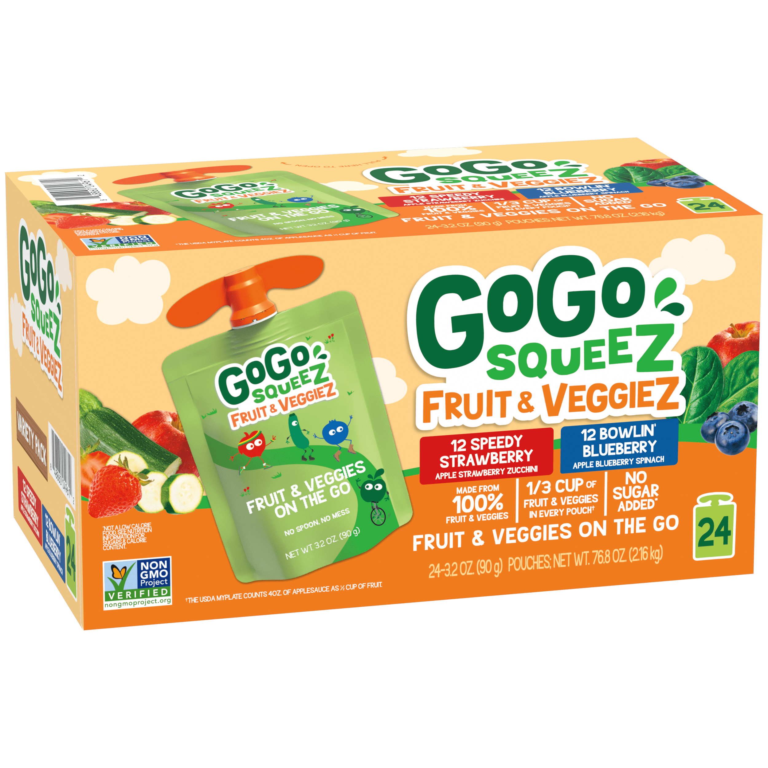 Gogo Squeez Pouches fruit & veggieZ Speedy Strawberry & Bowlin Blueberry 24 Pack Variety Pack Box