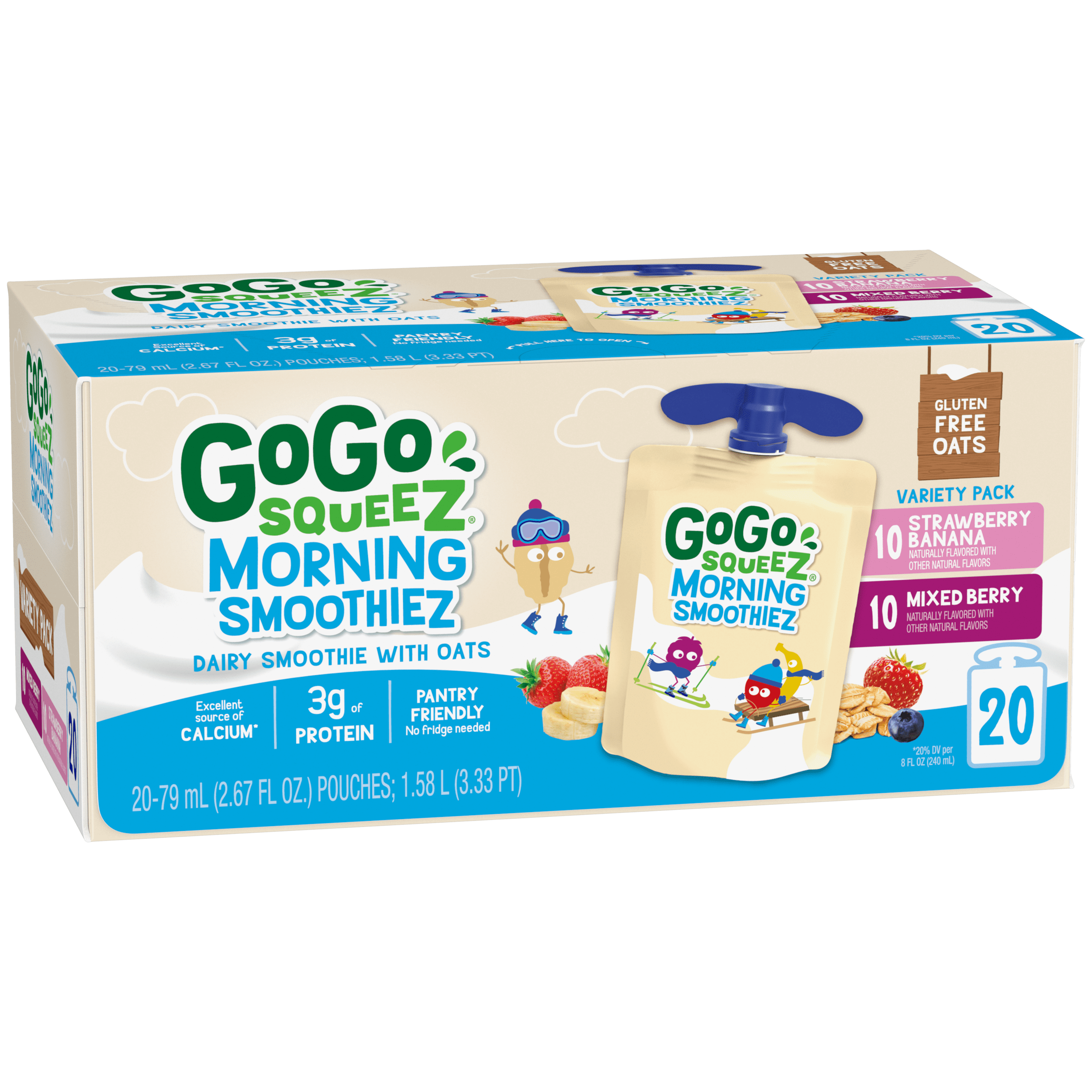 Gogo Squeez Pouches Morning SmoothieZ Strawberry Banana & Mixed Berry 20 Pack Variety Pack Box