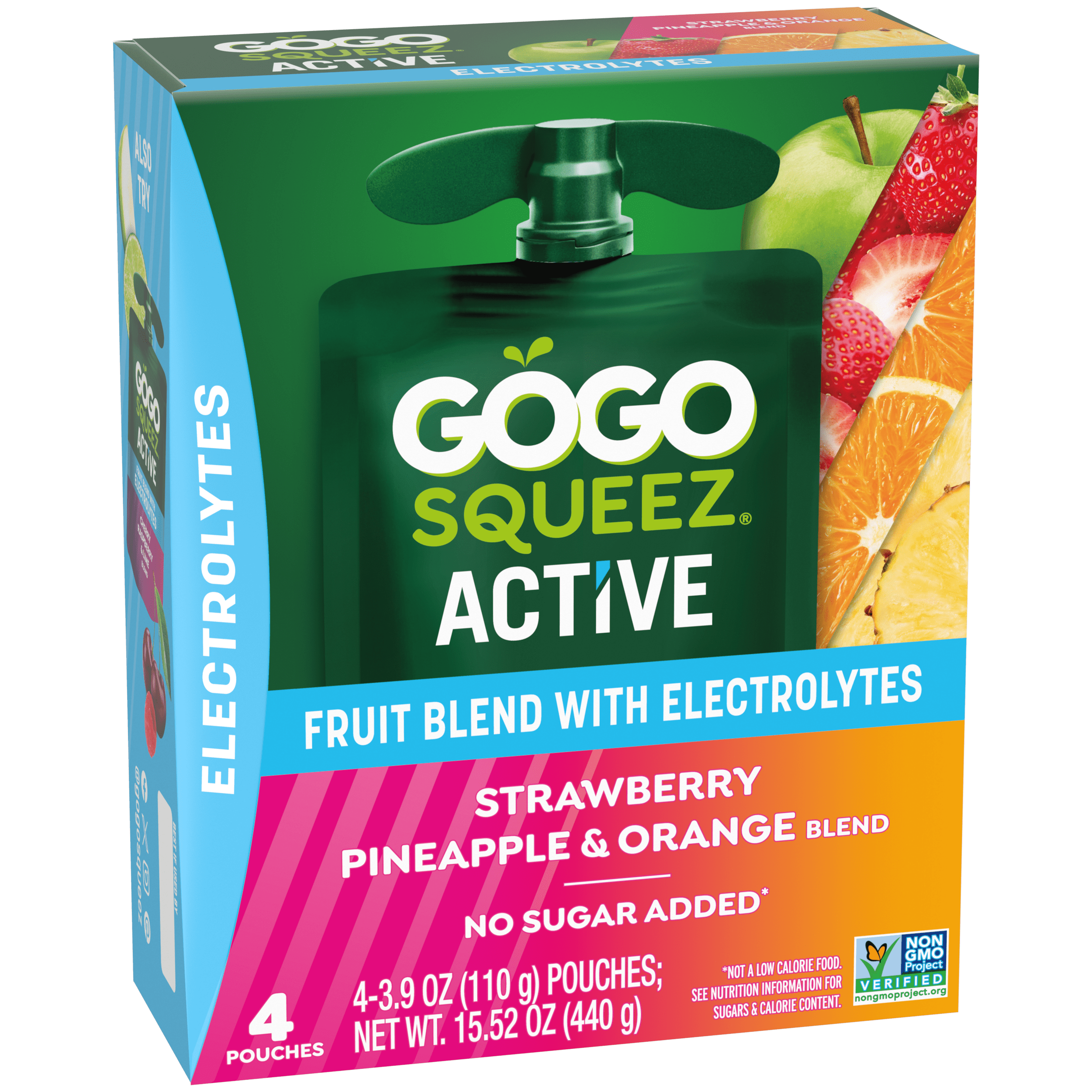 Gogo Squeez Active Fruit Blend With Electrolytes Strawberry, Pineapple & Orange 4 pack Product Box