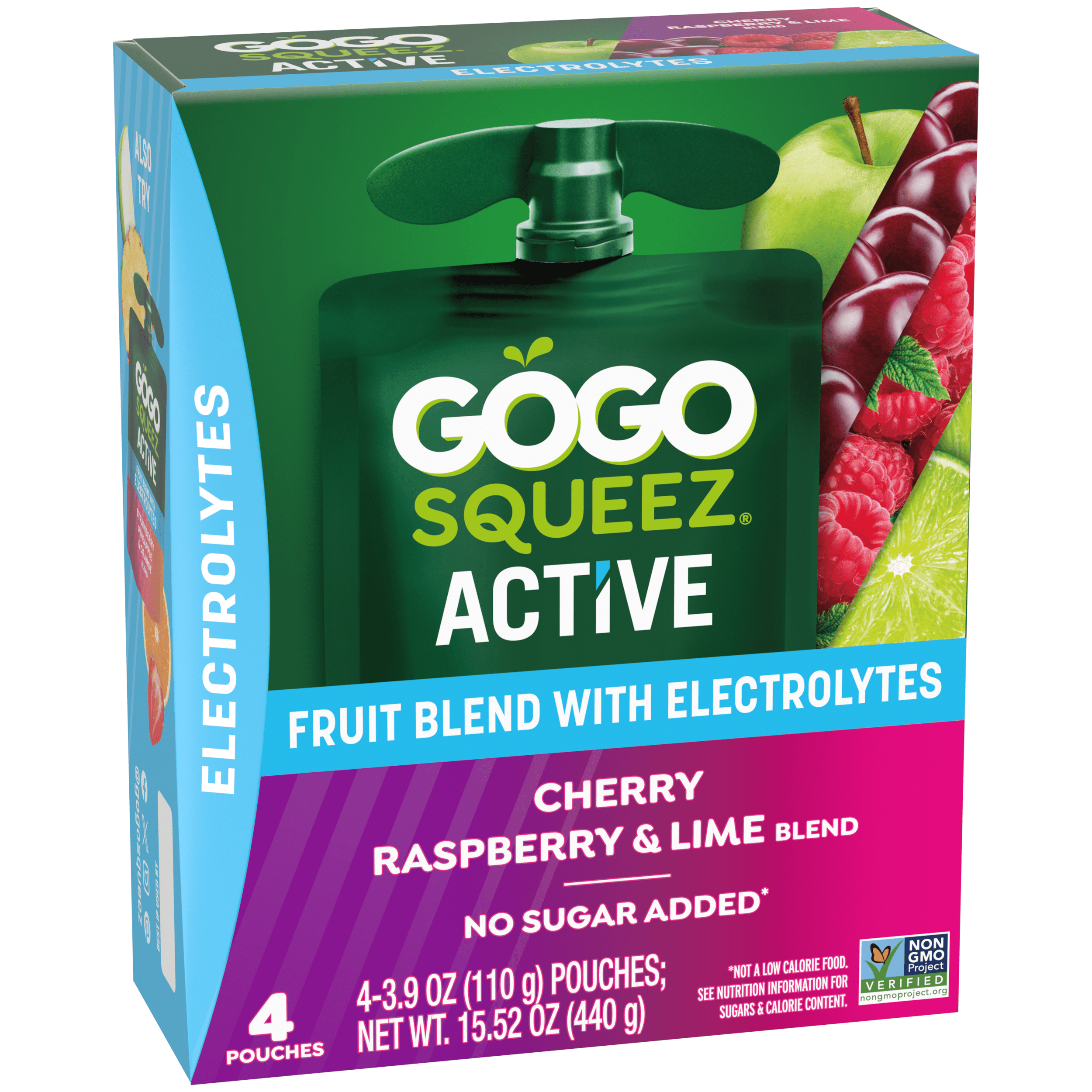 Gogo Squeez Active Fruit Blend With Electrolytes Cherry, Raspberry & Lime 4 pack Product Box