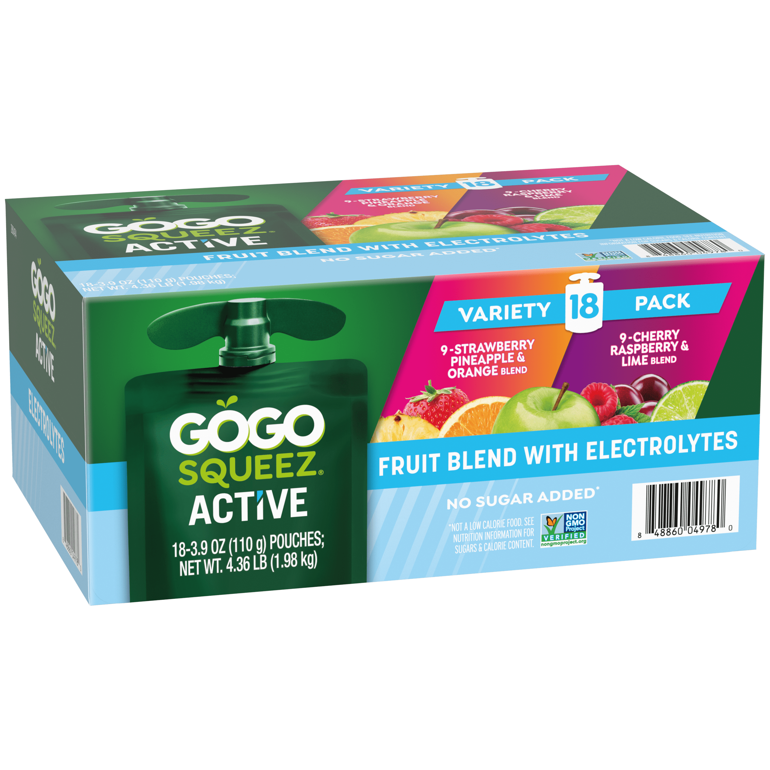 Gogo Squeez Active Fruit Blend With Electrolytes Strawberry, Pineapple & Orange; Cherry, Raspberry & Lime 18 Pack Product Box