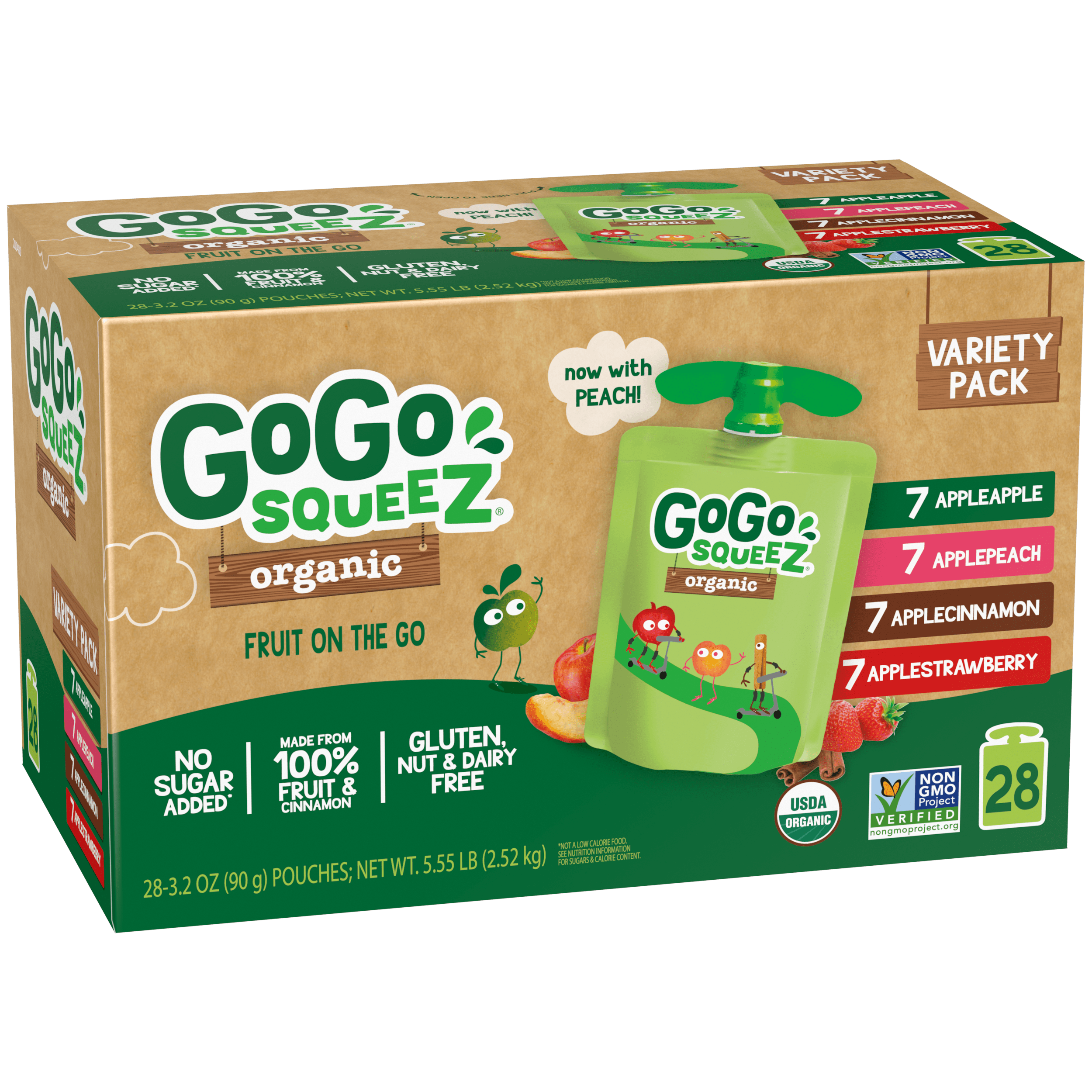 Gogo Squeez Pouches Fruit Blend Snack Organic Apple Strawberry; Apple Apple; Apple Peach; Apple Cinnamon 28 Pack Variety Pack Box