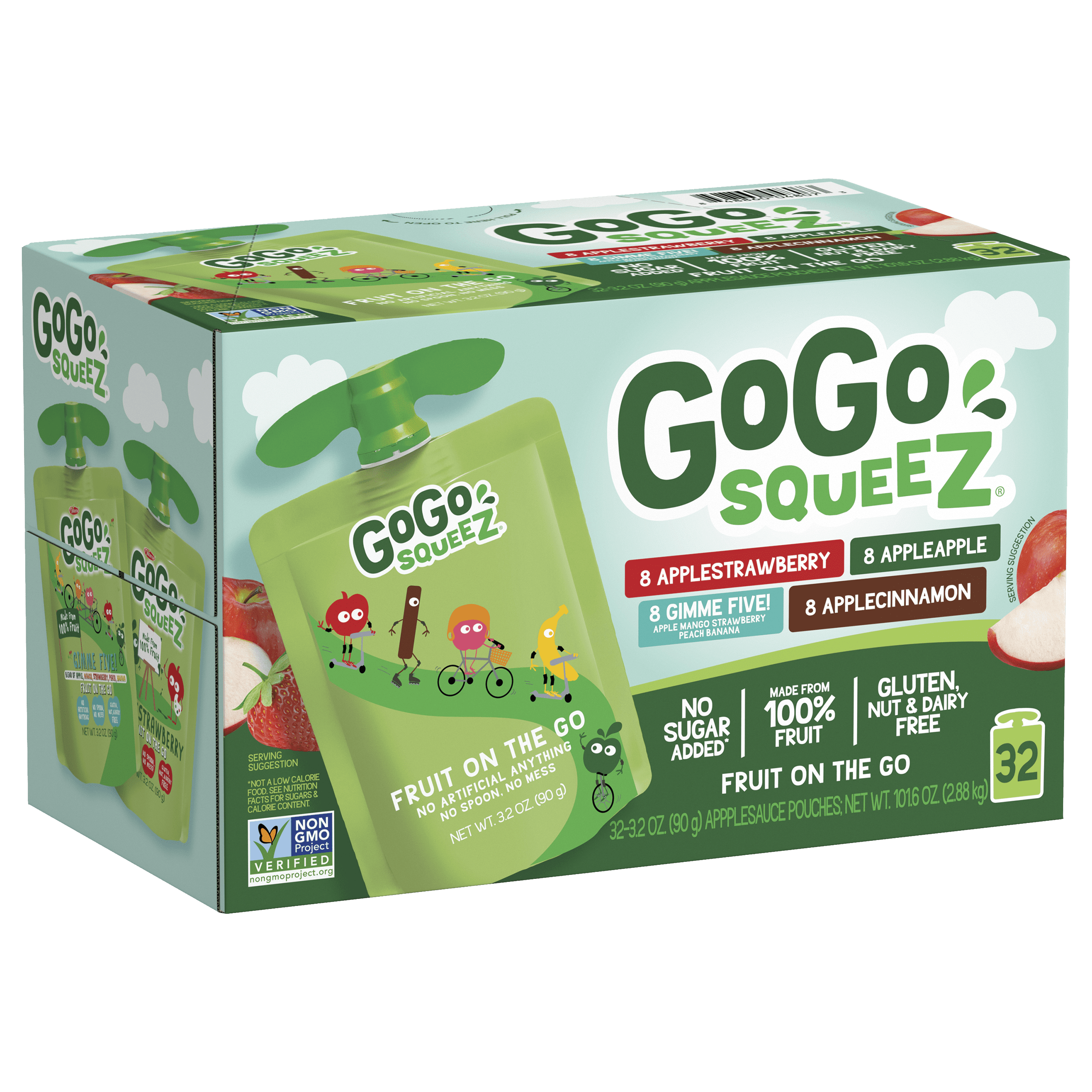 Gogo Squeez Pouches Fruit Blend Snack Apple Strawberry; Apple Apple; Apple Cinnamon; Gimme 5 32 Pack Variety Pack Box