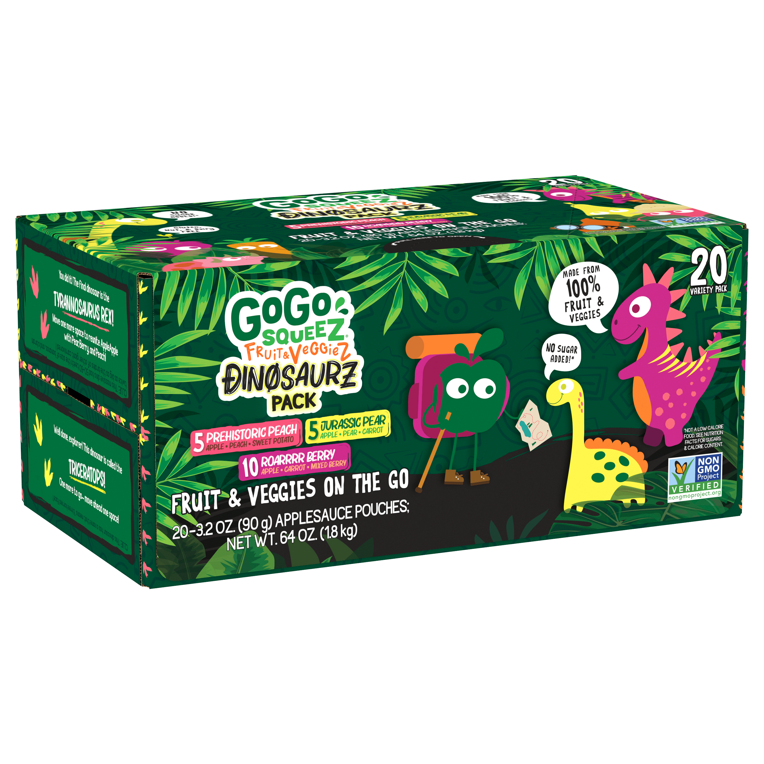 Gogo Squeez Pouches fruit & veggieZ DinosaurZ Prehistoric Peach, Jurassic Pear & Roarrrr Berry 20 Pack Variety Pack Box