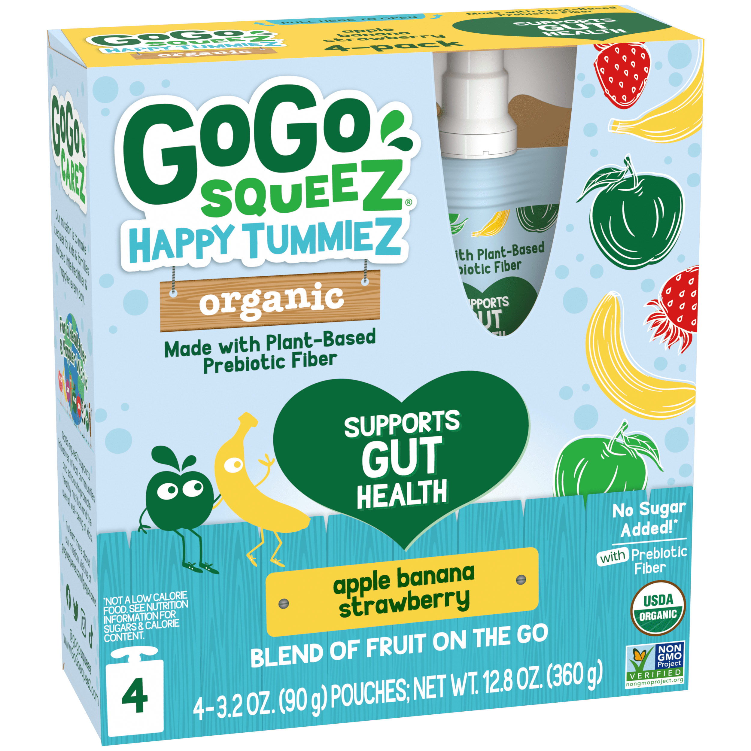 Gogo Squeez Pouches Happy tummieZ Organic Apple Banana Strawberry 4 pack Product Box