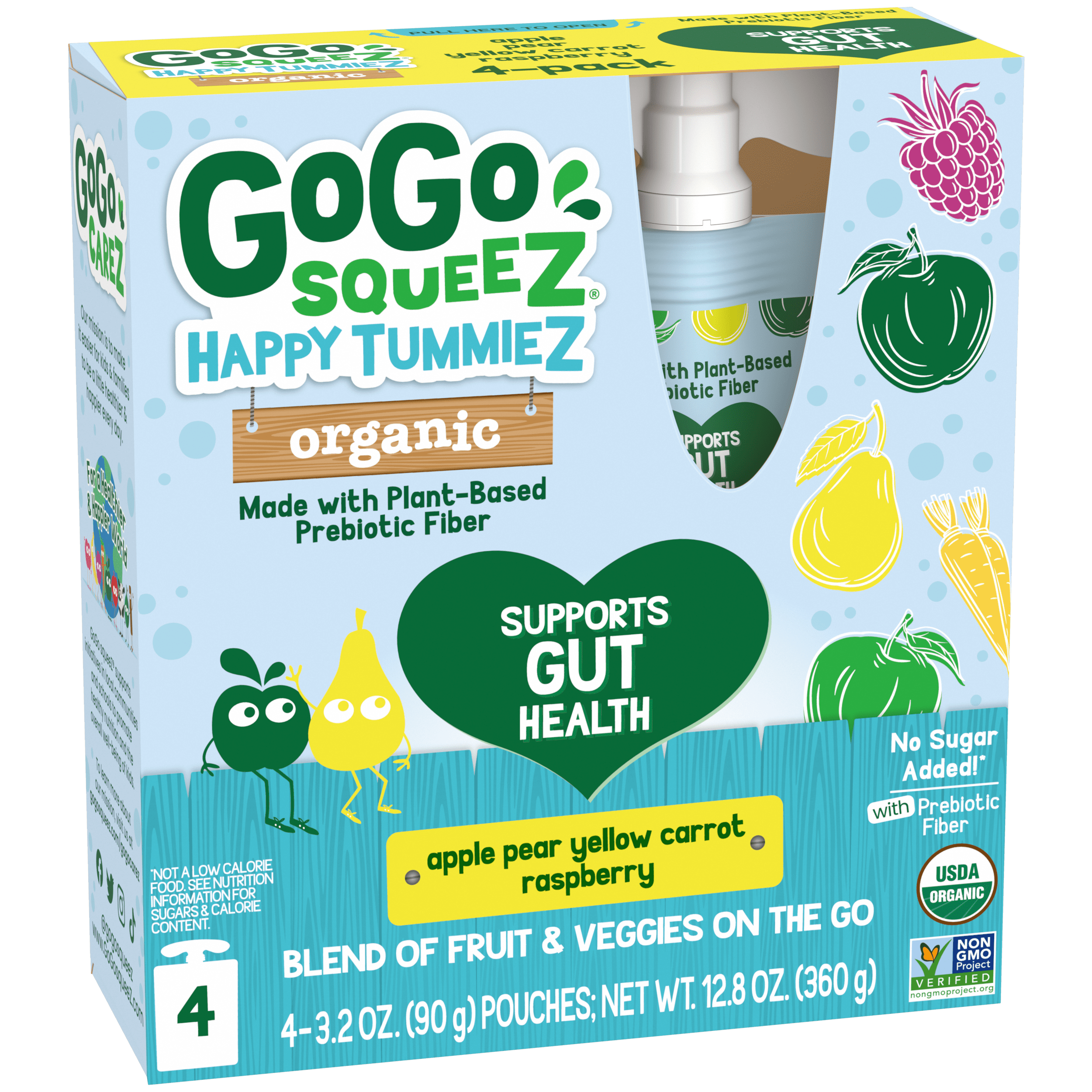 Gogo Squeez Pouches Happy tummieZ Organic Apple Pear Yellow Carrot with Raspberry 4 pack Product Box