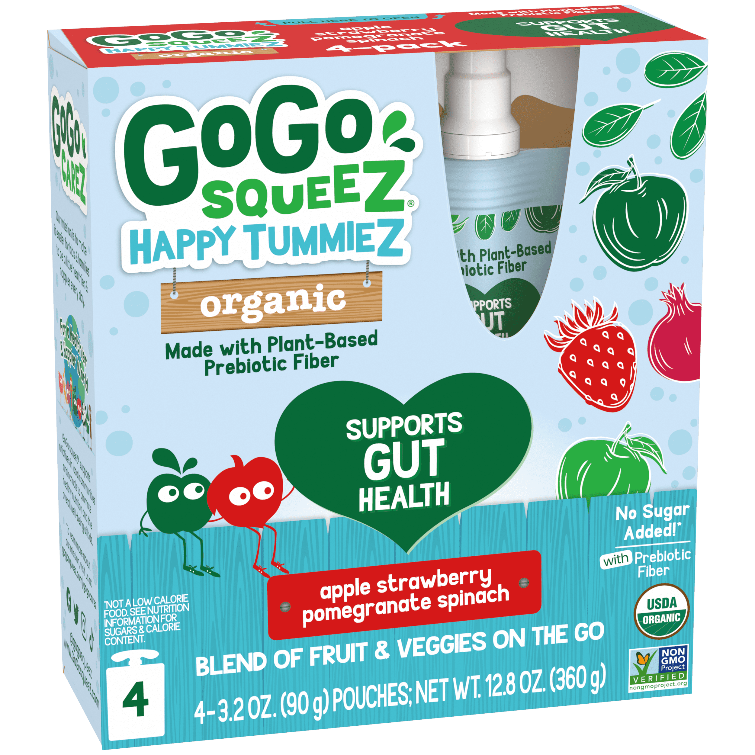 Gogo Squeez Pouches Happy tummieZ Organic Apple Strawberry Pomegranate Spinach 4 pack Product Box