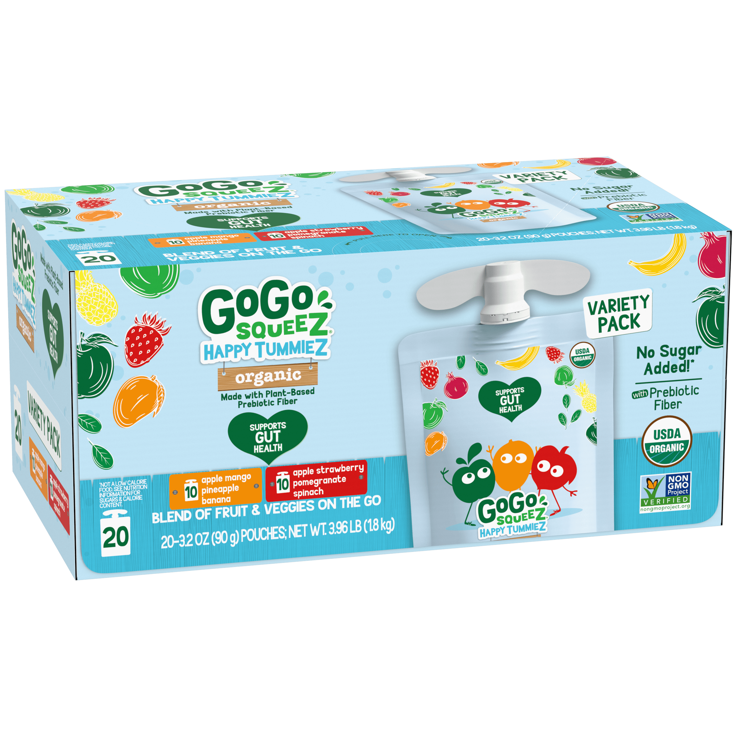 Gogo Squeez Pouches Happy tummieZ Organic Apple Mango Pineapple Banana; Apple Strawberry Pomegranate Spinach 20 Pack Variety Pack Box