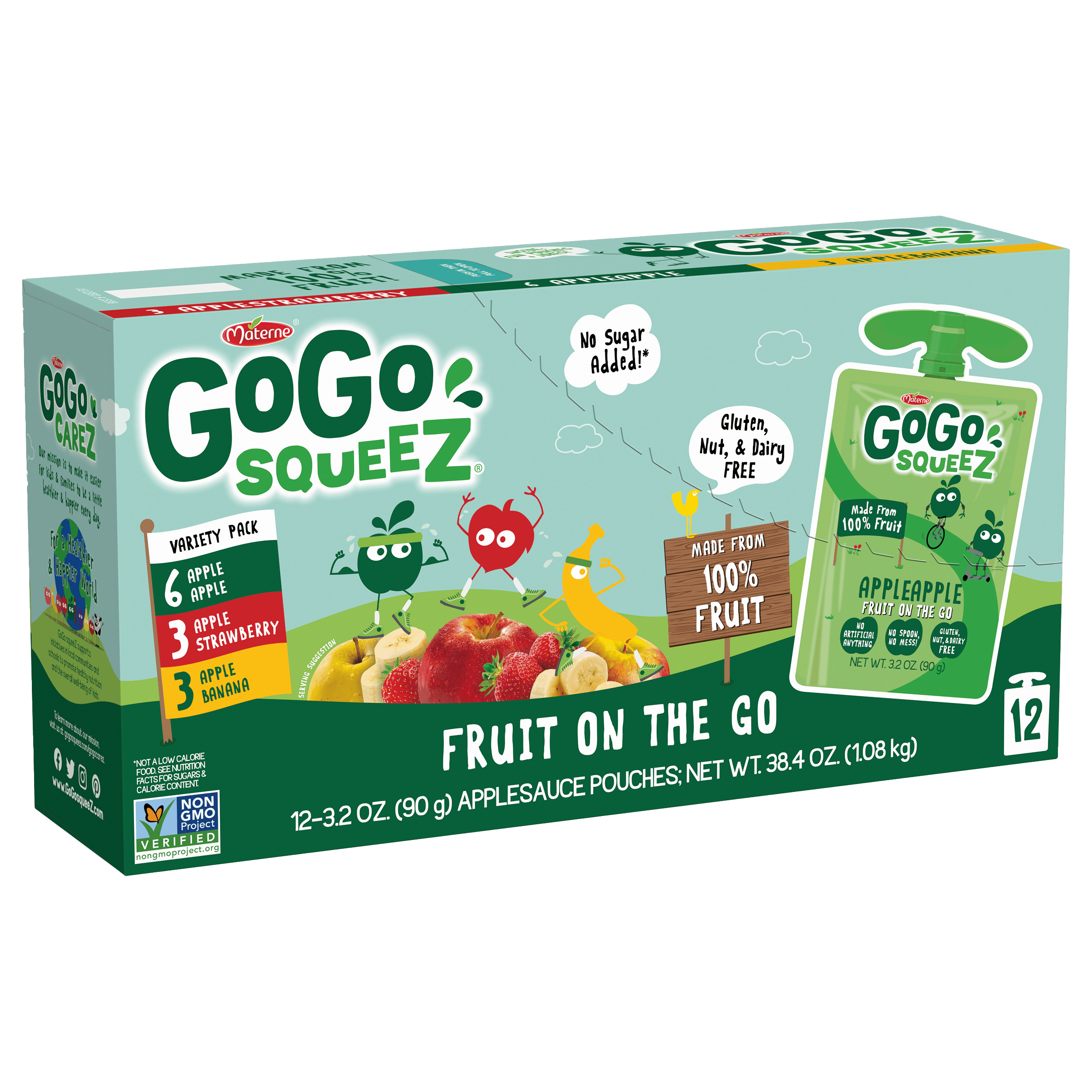 Gogo Squeez Pouches Fruit Blend Snack Apple Apple, Apple Strawberry & Apple Banana 12 pack Variety Pack Box