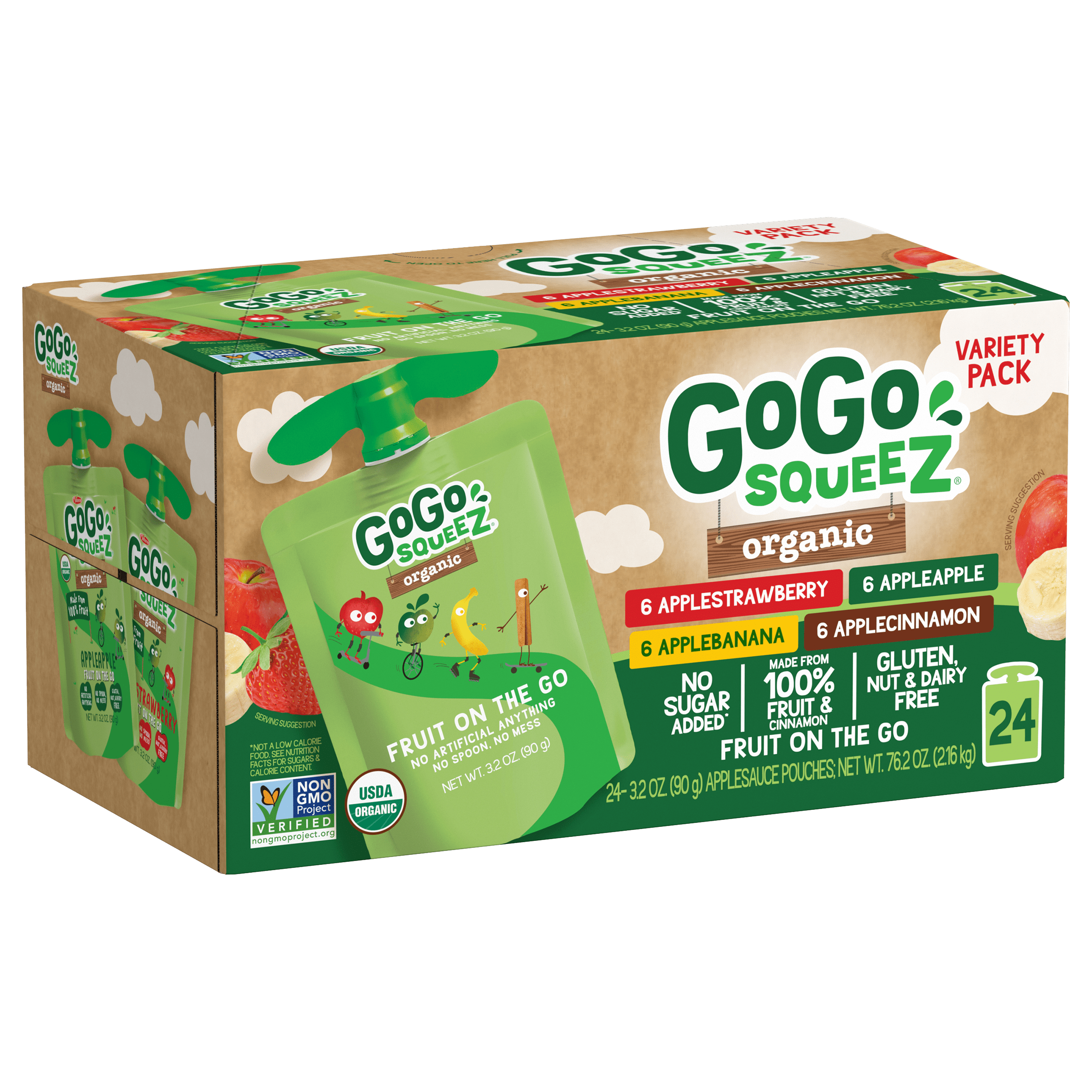 Gogo Squeez Pouches Fruit Blend Snack Organic Apple Apple, Apple Cinnamon, Apple Banana, Apple Strawberry 24 Pack Variety Pack Box