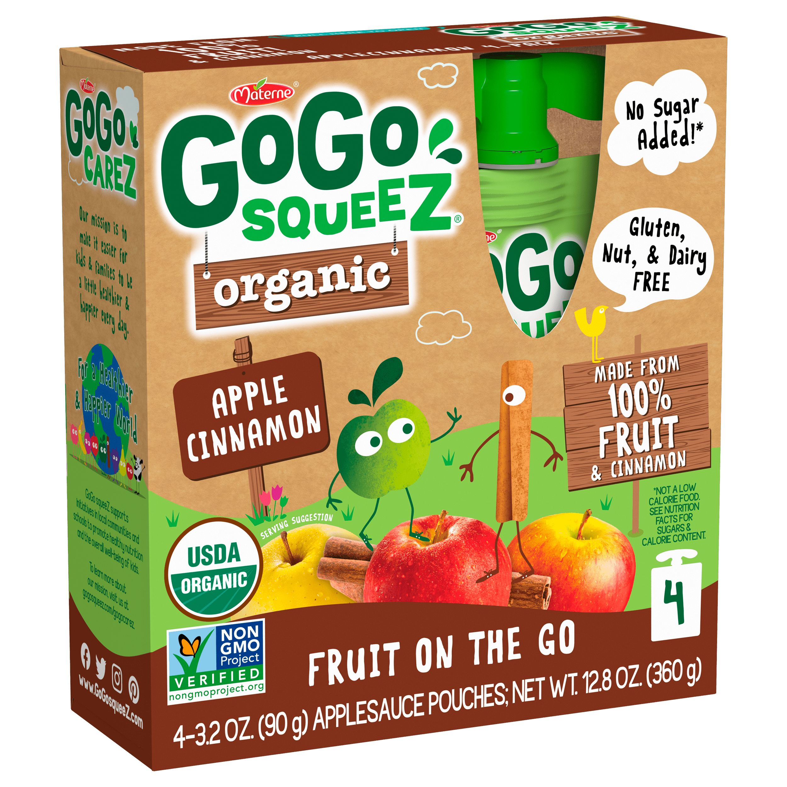 Gogo Squeez Pouches Fruit Blend Snack Organic Apple Cinnamon 4 pack Product Box