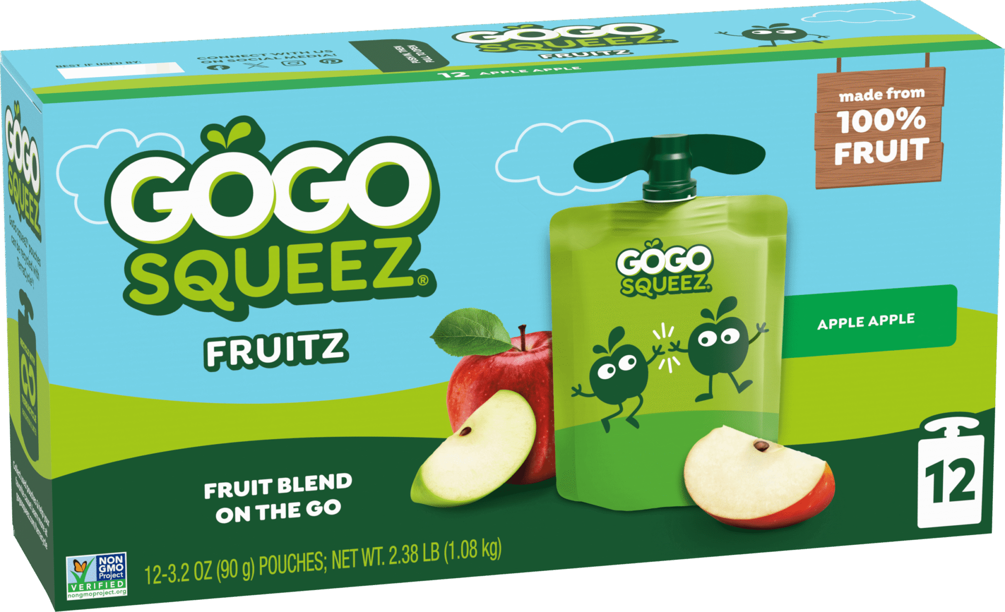 Gogo Squeez Pouches Fruit Blend Snack Apple Apple Applesauce 12 pack Product Box with new logo