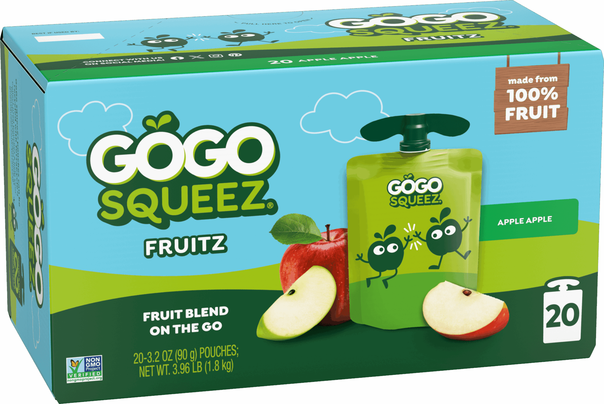 Gogo Squeez Pouches Fruit Blend Snack Apple Apple Applesauce 20 Pack Product Box with new logo