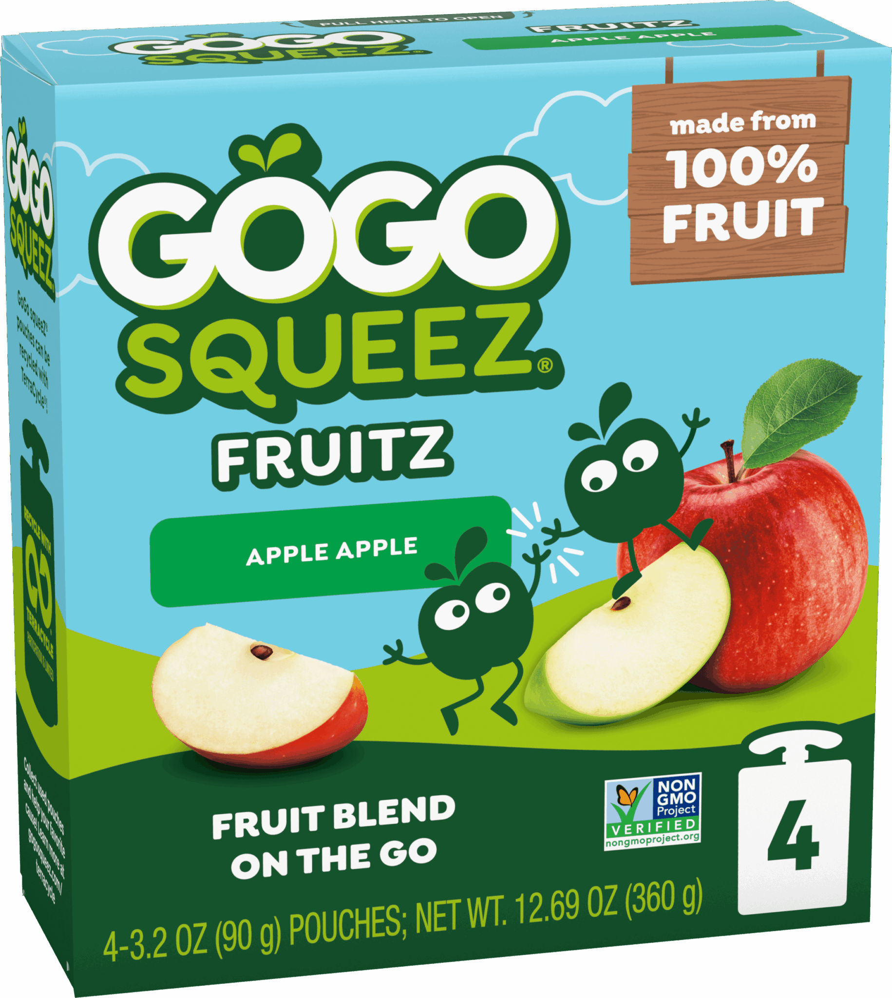 Gogo Squeez Pouches Fruit Blend Snack Apple Apple Applesauce 4 pack Product Box with new logo
