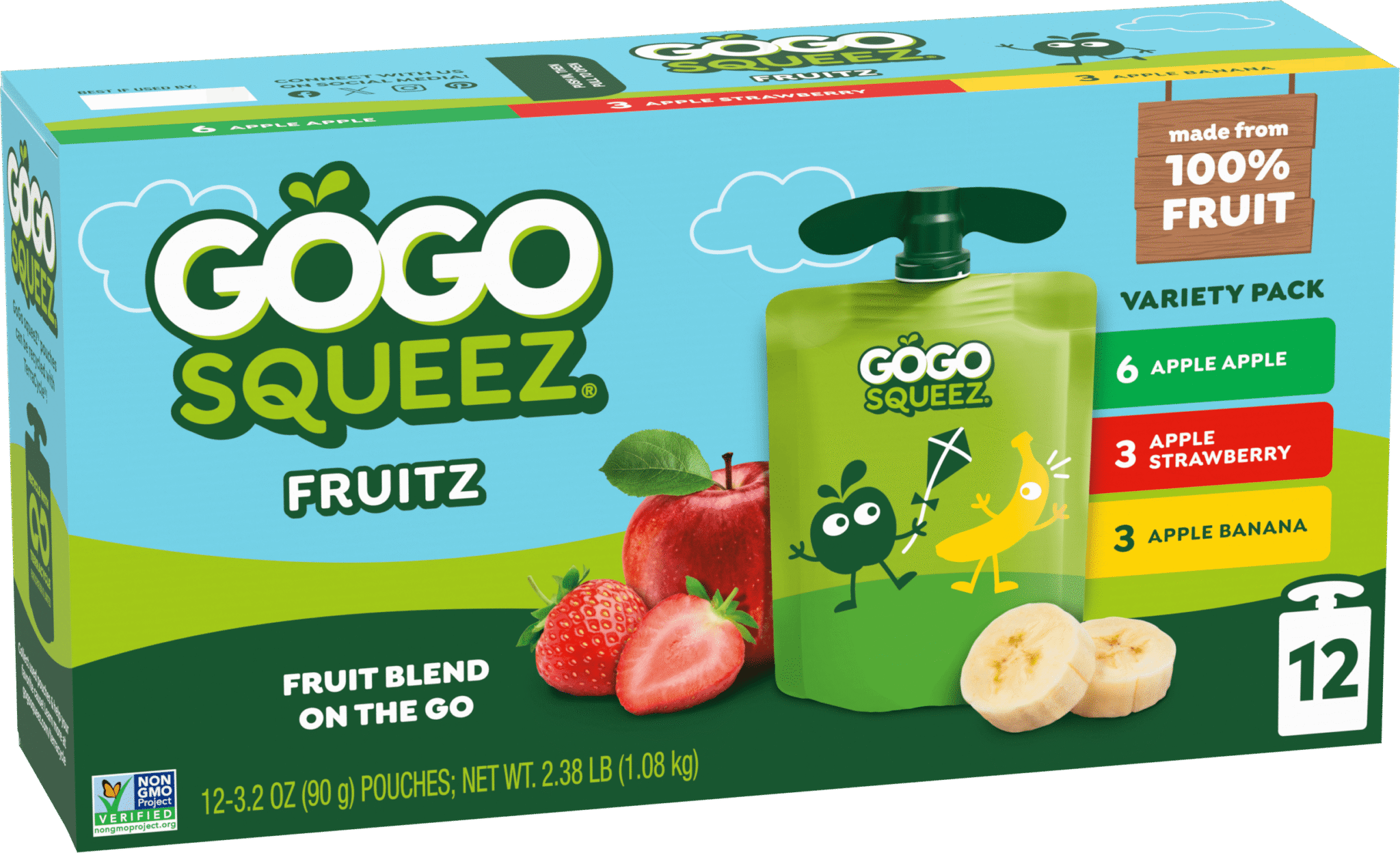 Gogo Squeez Applesauce Pouches Fruit Blend Snack Apple Apple, Apple Strawberry & Apple Banana 12 pack Variety Pack Box with new logo