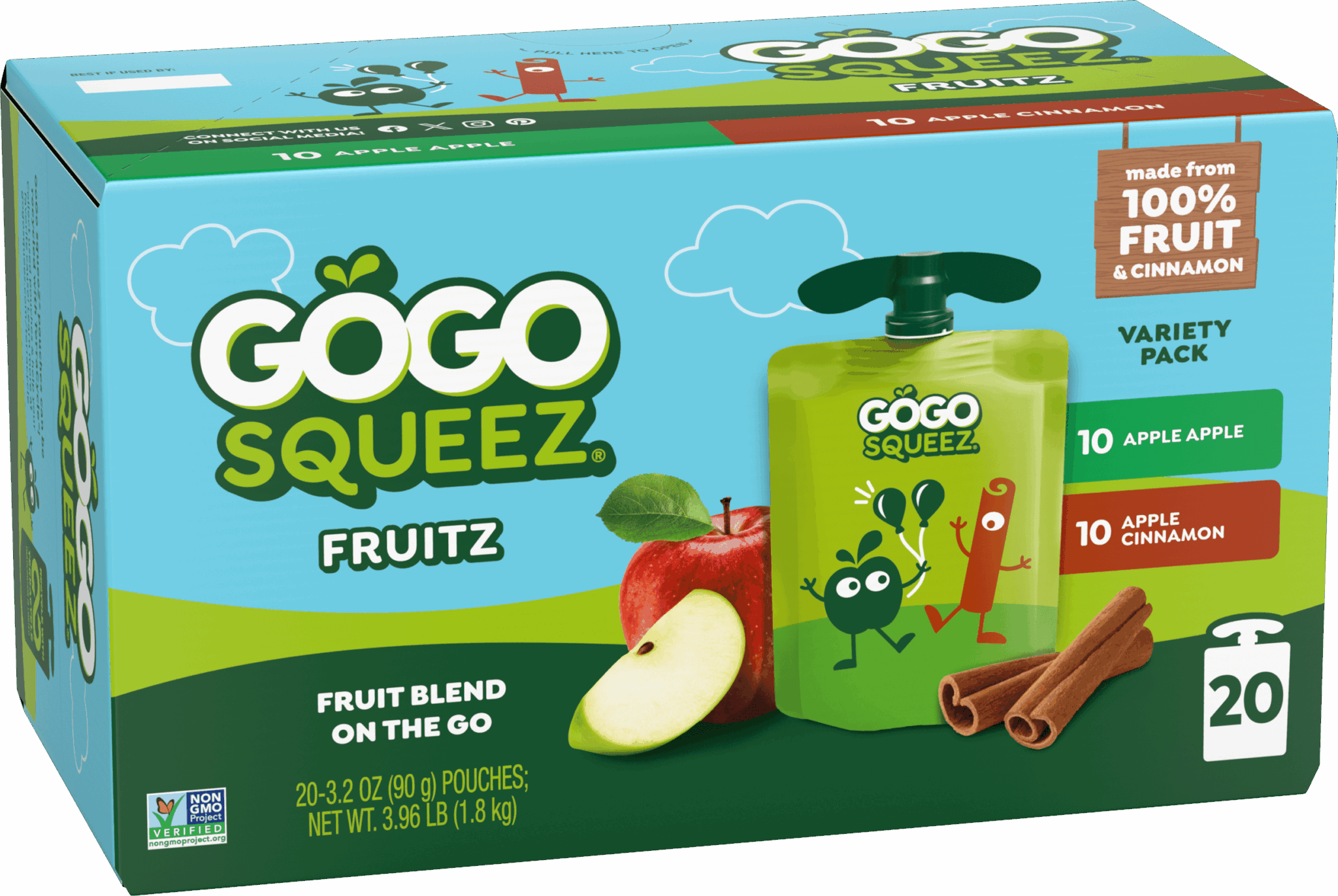 GoGo Squeez FruitZ Apple Apple & Apple Cinnamon Applesauce 20 count box with new logo