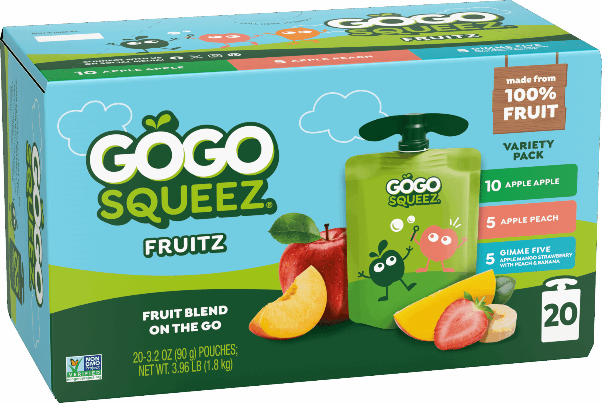 Gogo Squeez Applesauce Pouches Fruit Blend Snack Apple Apple, Apple Peach & Gimme5 20 Pack Variety Pack Box with new logo