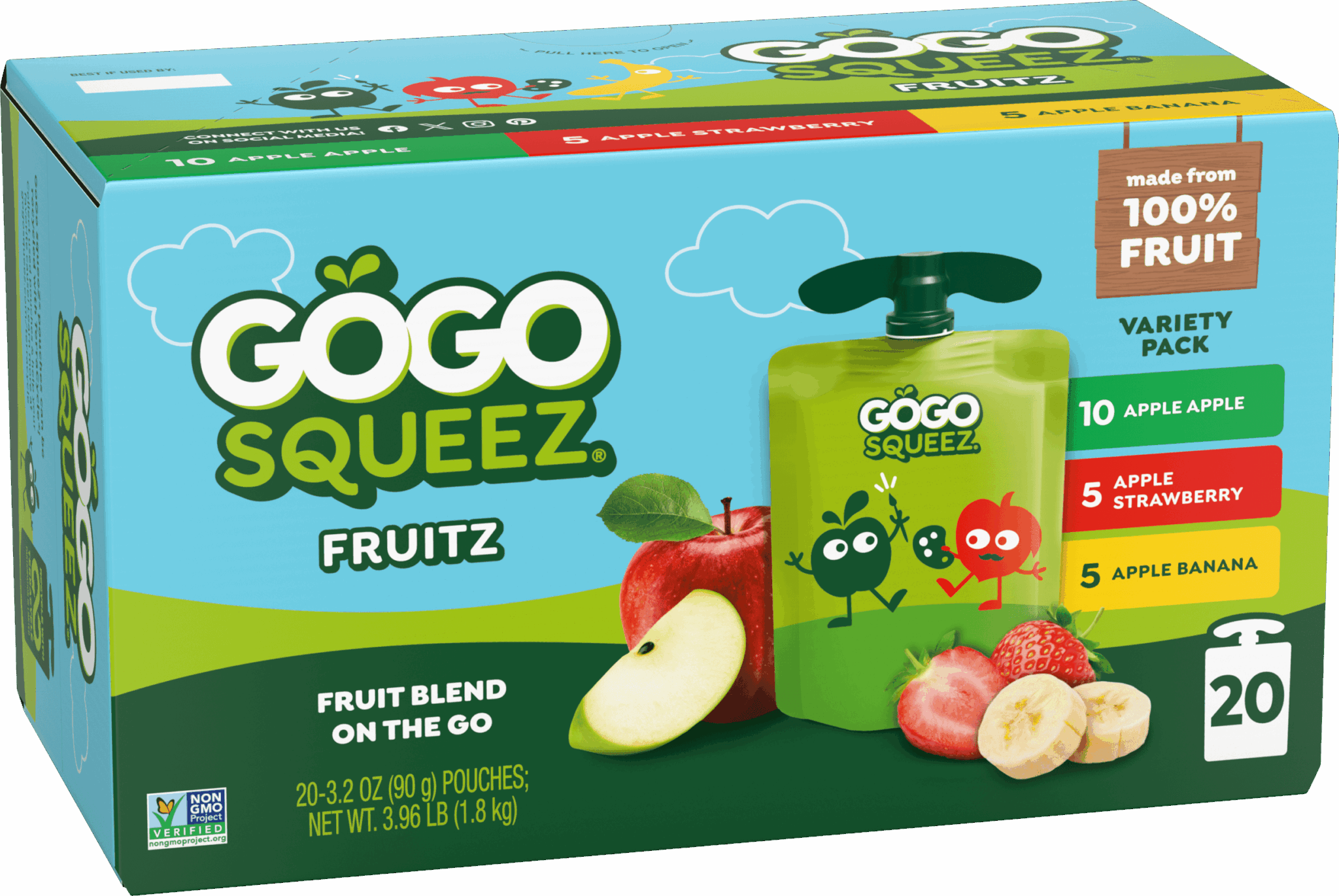 Gogo Squeez Applesauce Pouches Fruit Blend Snack Apple Apple, Apple Strawberry & Apple Banana 20 Pack Variety Pack Box with new logo