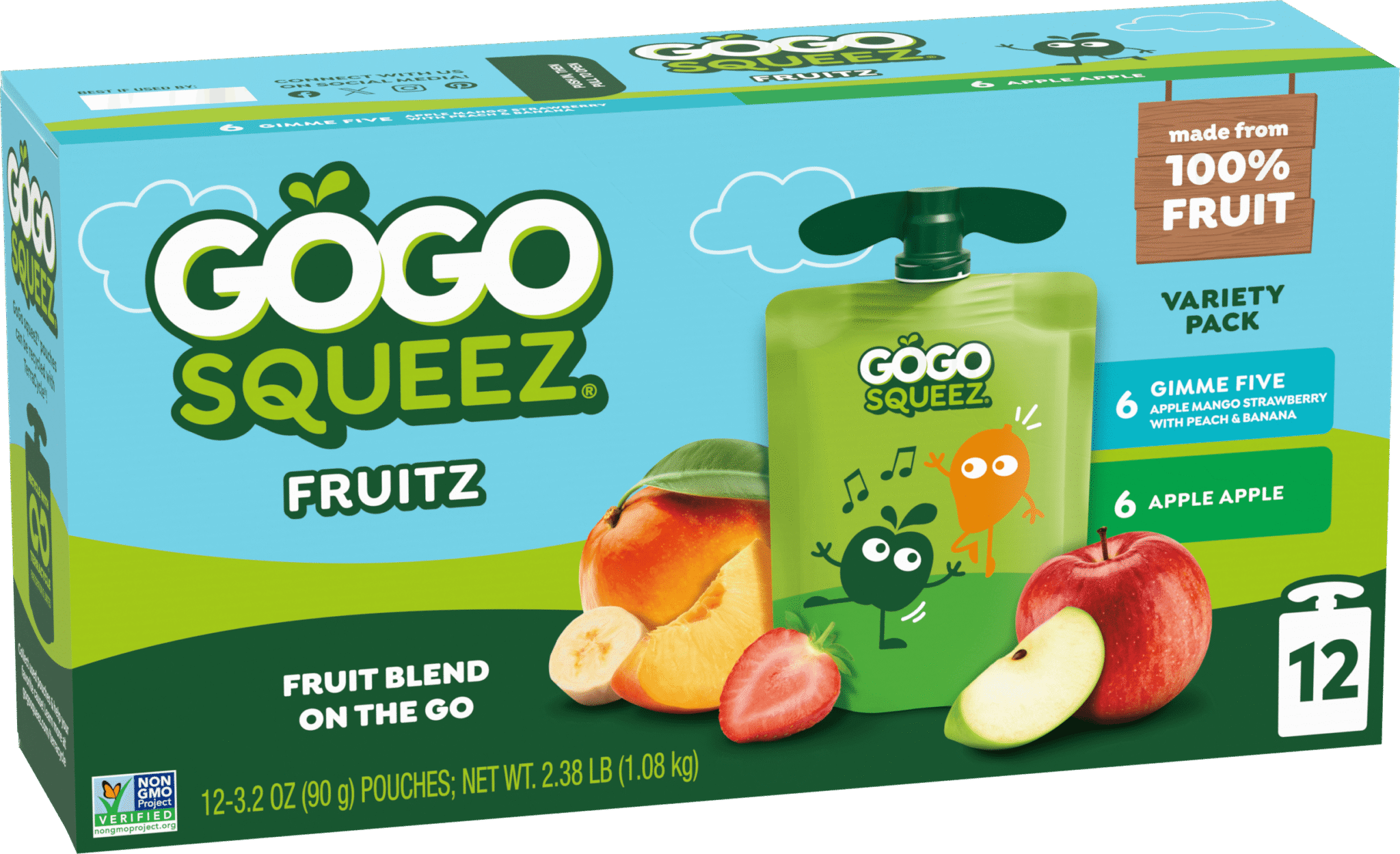 Gogo Squeez Pouches Fruit Blend Snack Apple Apple & Gimme Five Applesauce 12 pack Variety Pack Box with new logo