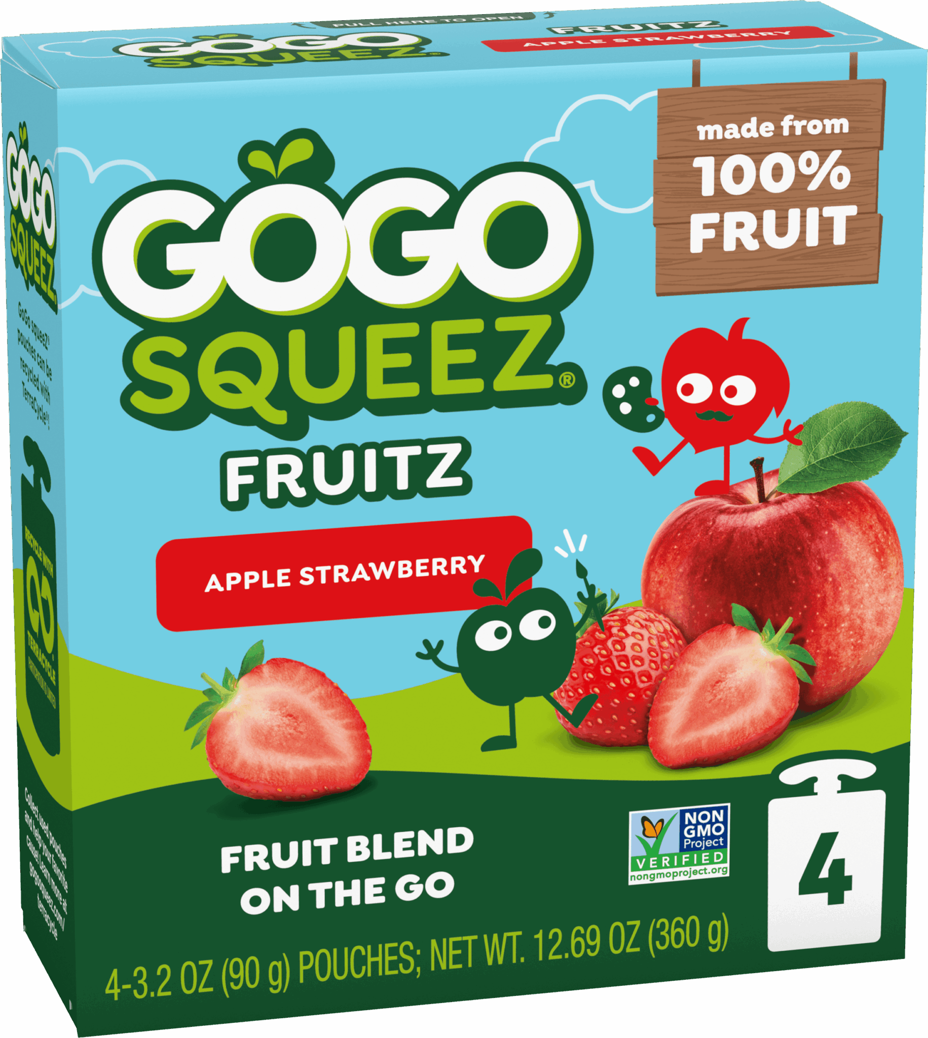 Gogo Squeez Pouches Fruit Blend Snack Apple Strawberry Applesauce 4 pack Product Box with new logo