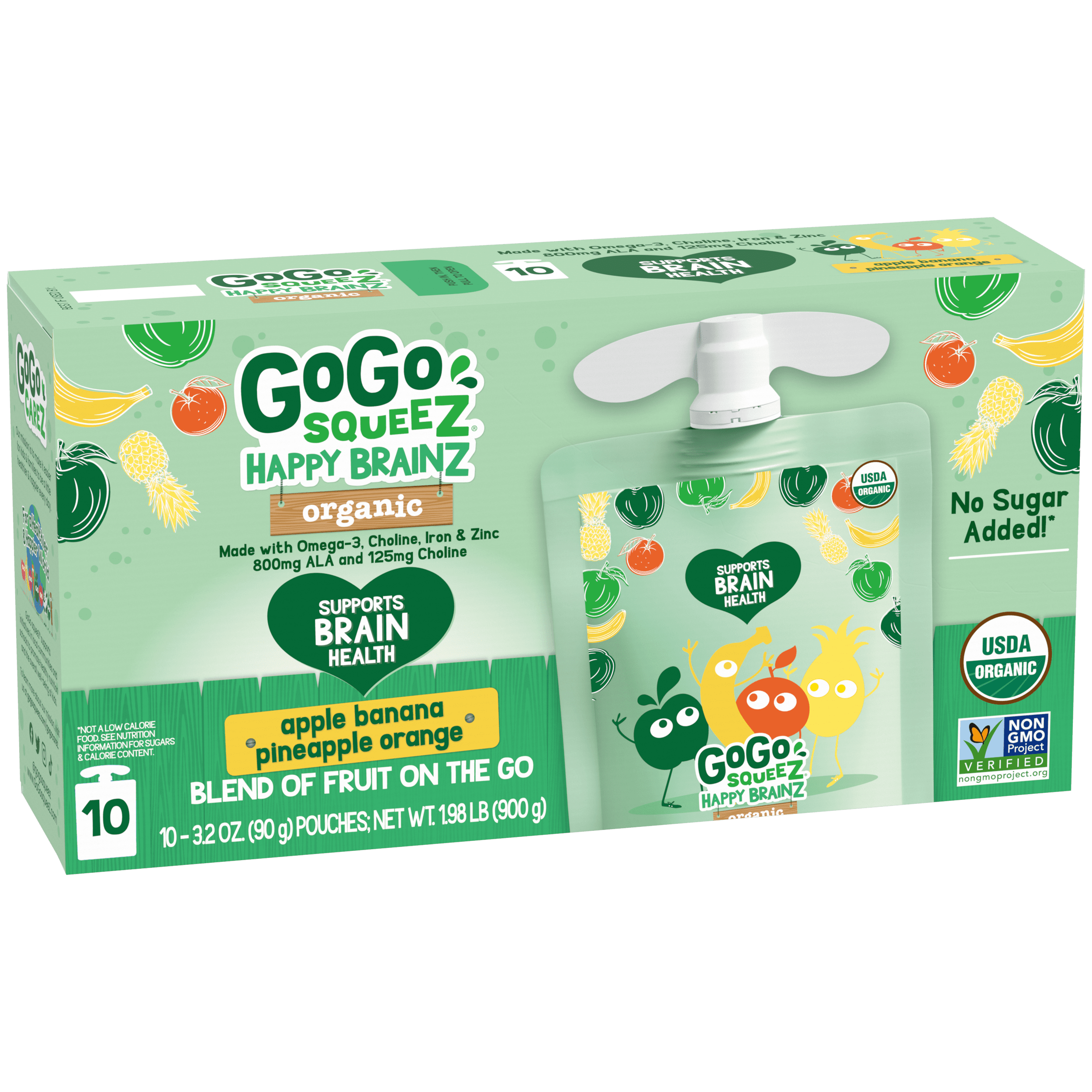 Gogo Squeez Pouches Happy BrainZ Organic Apple Banana Pineapple Orange 10 Pack Product Box