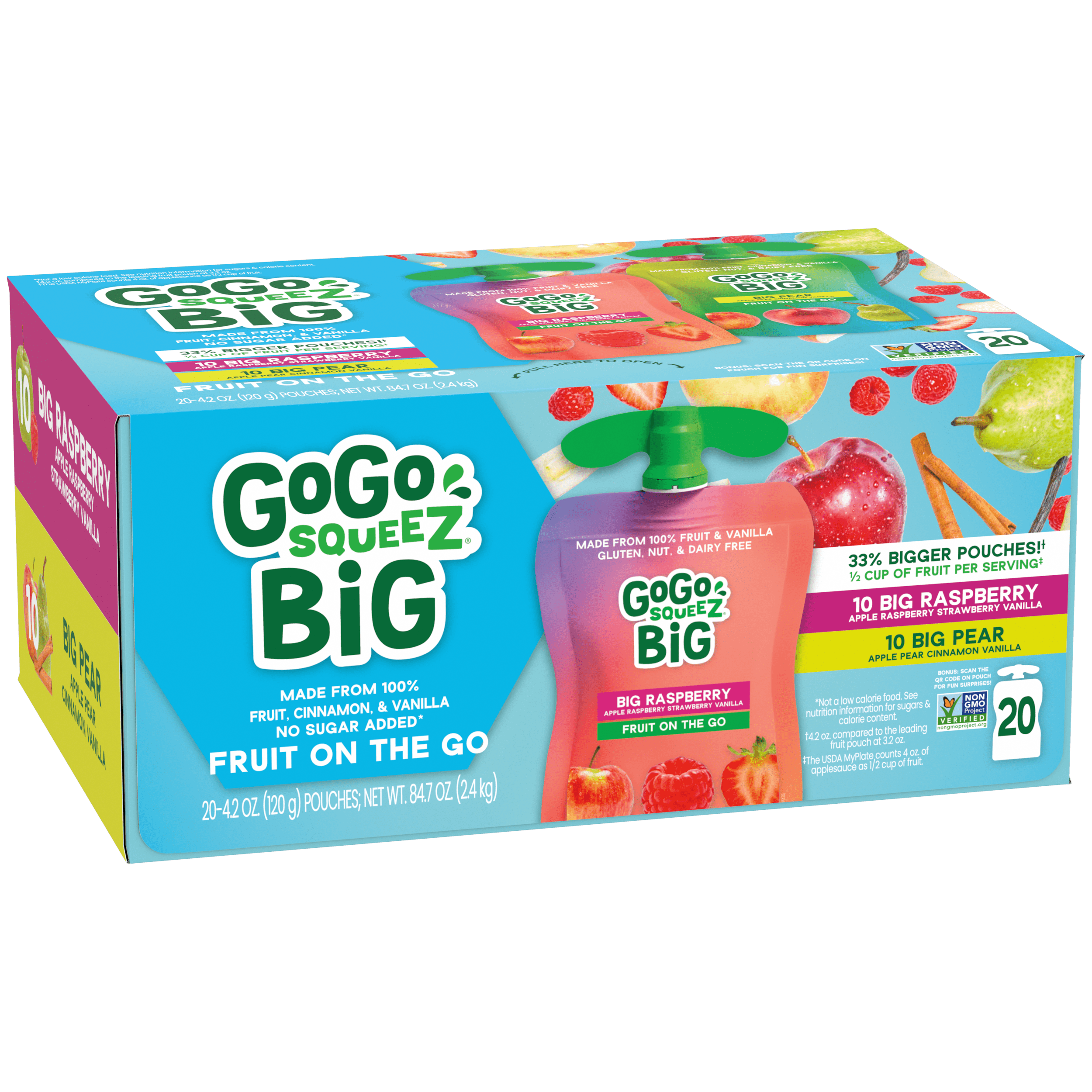 Gogo Squeez Pouches BIG squeeZ BIG Raspberry BIG Pear 20 Pack Variety Pack Box