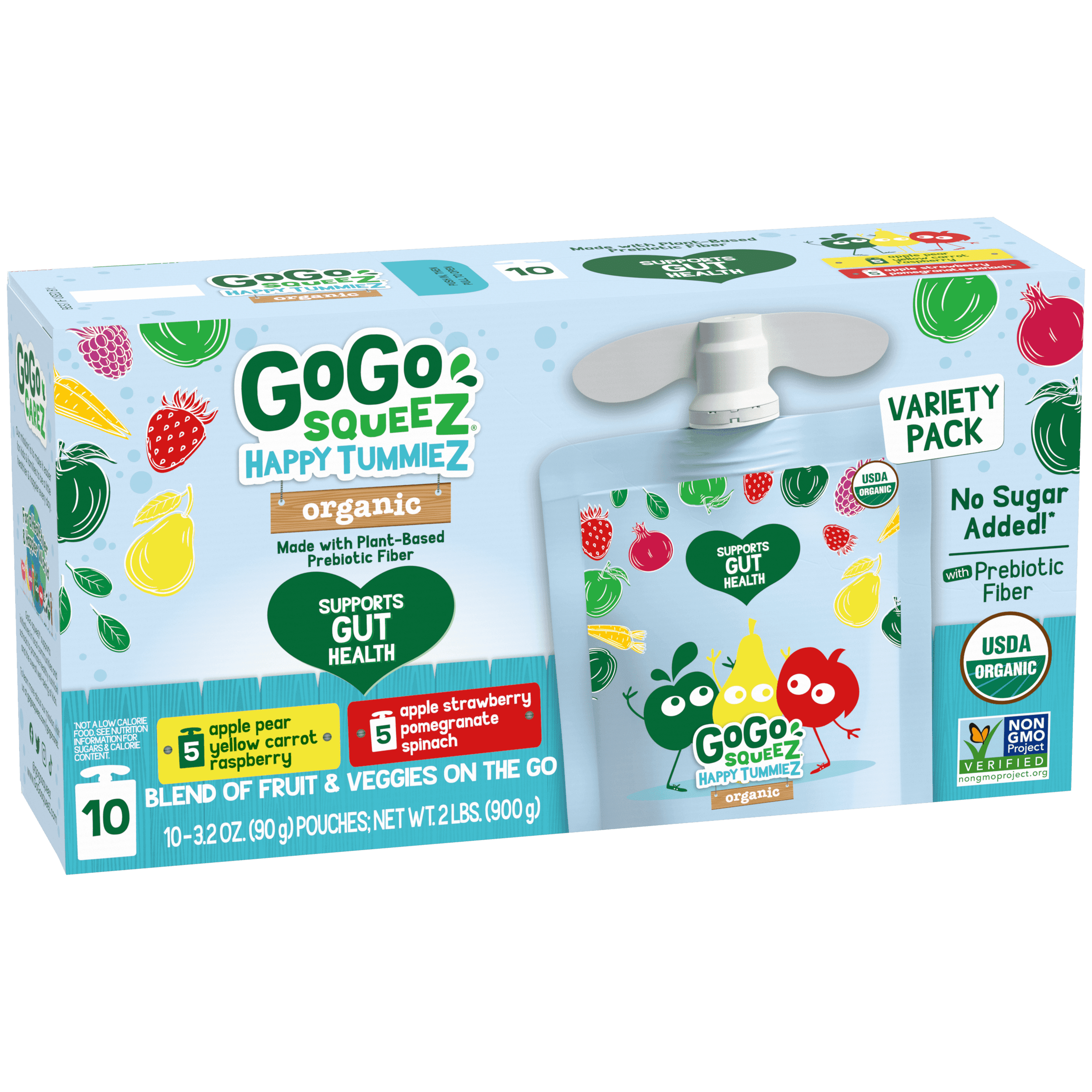 Gogo Squeez Pouches Happy TummieZ Organic Apple Pear Yellow Carrot Raspberry & Apple Strawberry Pomegranate Spinach 10 Pack Variety Pack Box