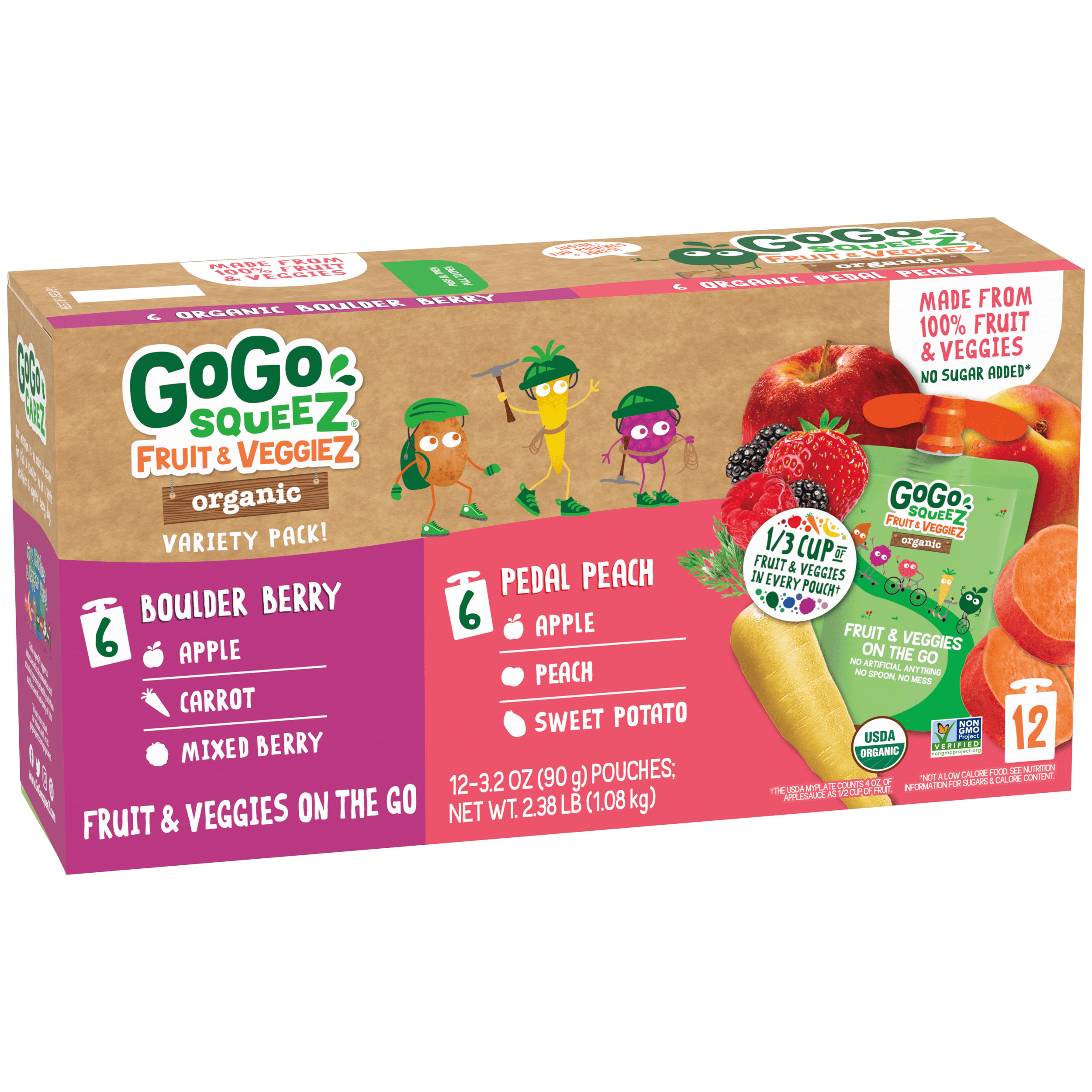 Gogo Squeez Pouches fruit & veggieZ Organic Boulder Berry & Pedal Peach 12 Pack Variety Pack Box