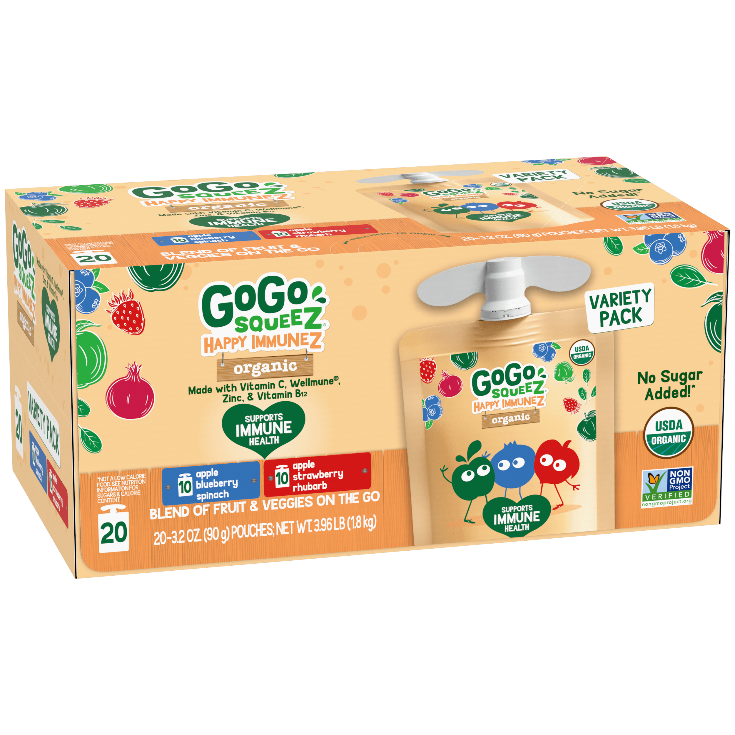 GoGo squeeZ® Happy ImmuneZ® Organic Apple Strawberry Rhubarb, Apple Blueberry Spinach 20 pack product box