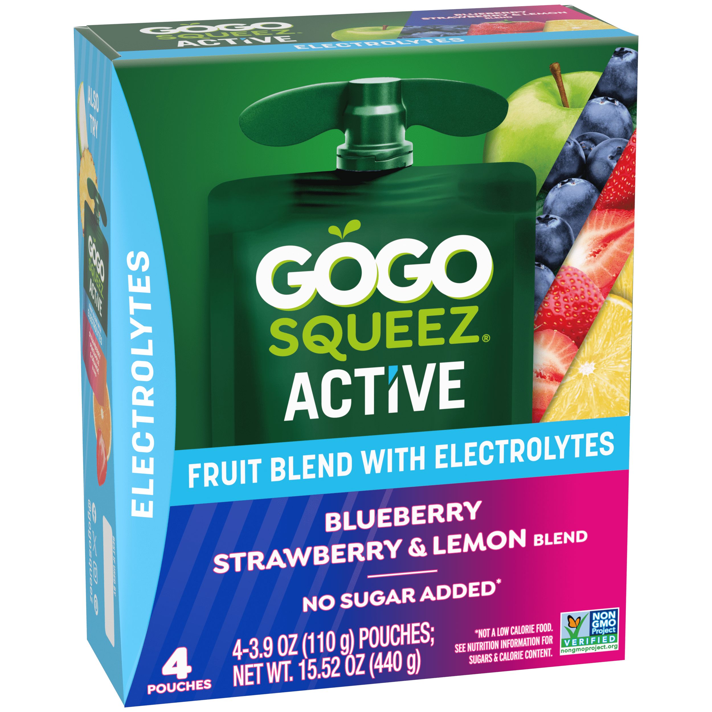 Gogo Squeez Active Fruit Blend With Electrolytes Blueberry, Strawberry & Lemon 4 pack Product Box