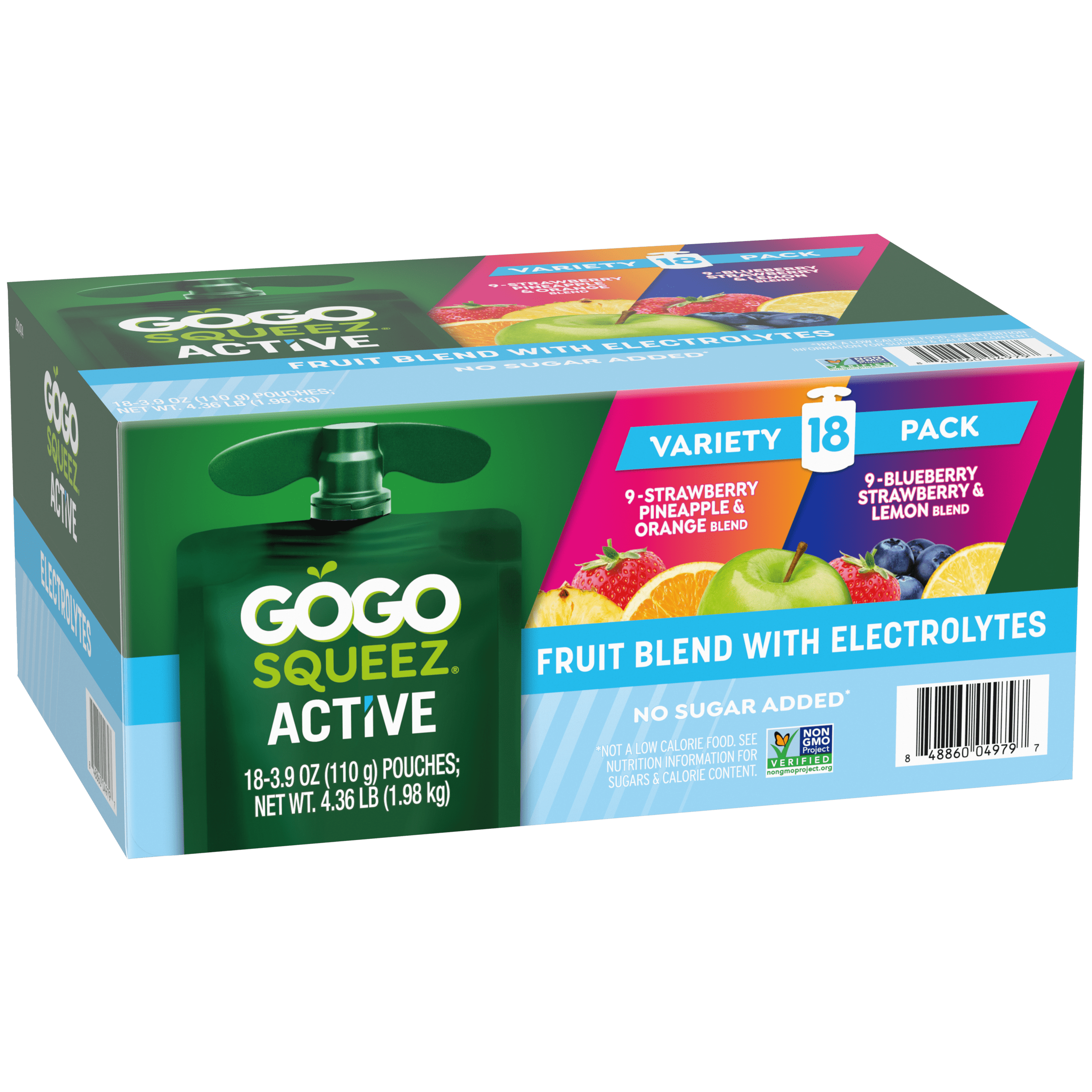 Gogo Squeez Active Fruit Blend With Electrolytes Strawberry, Pineapple & Orange; Blueberry, Strawberry & Lemon 18 Pack Product Box