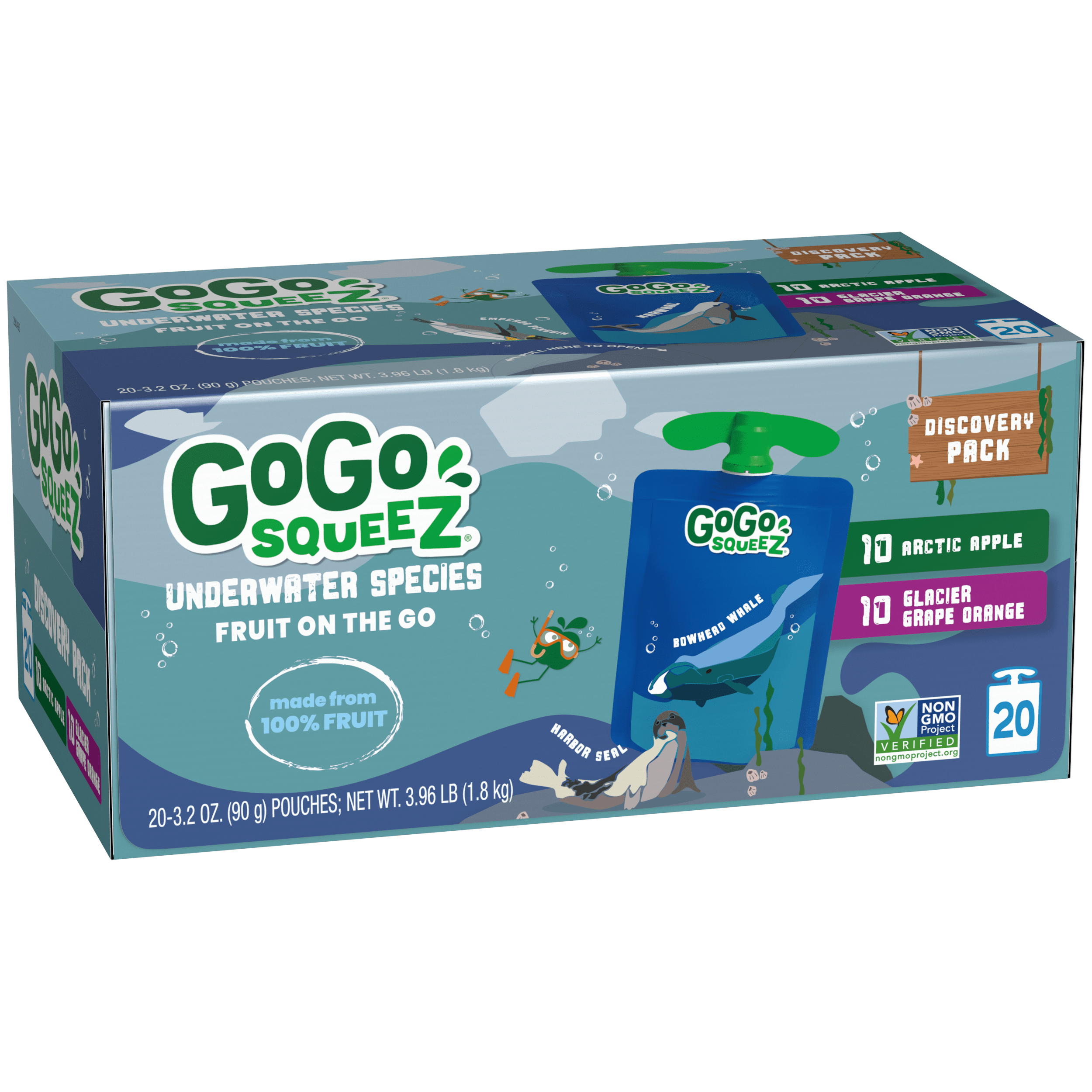 Gogo Squeez Pouches Arctic Explorers Arctic Apple; Glacier Grape Orange 20 Pack Variety Pack Box