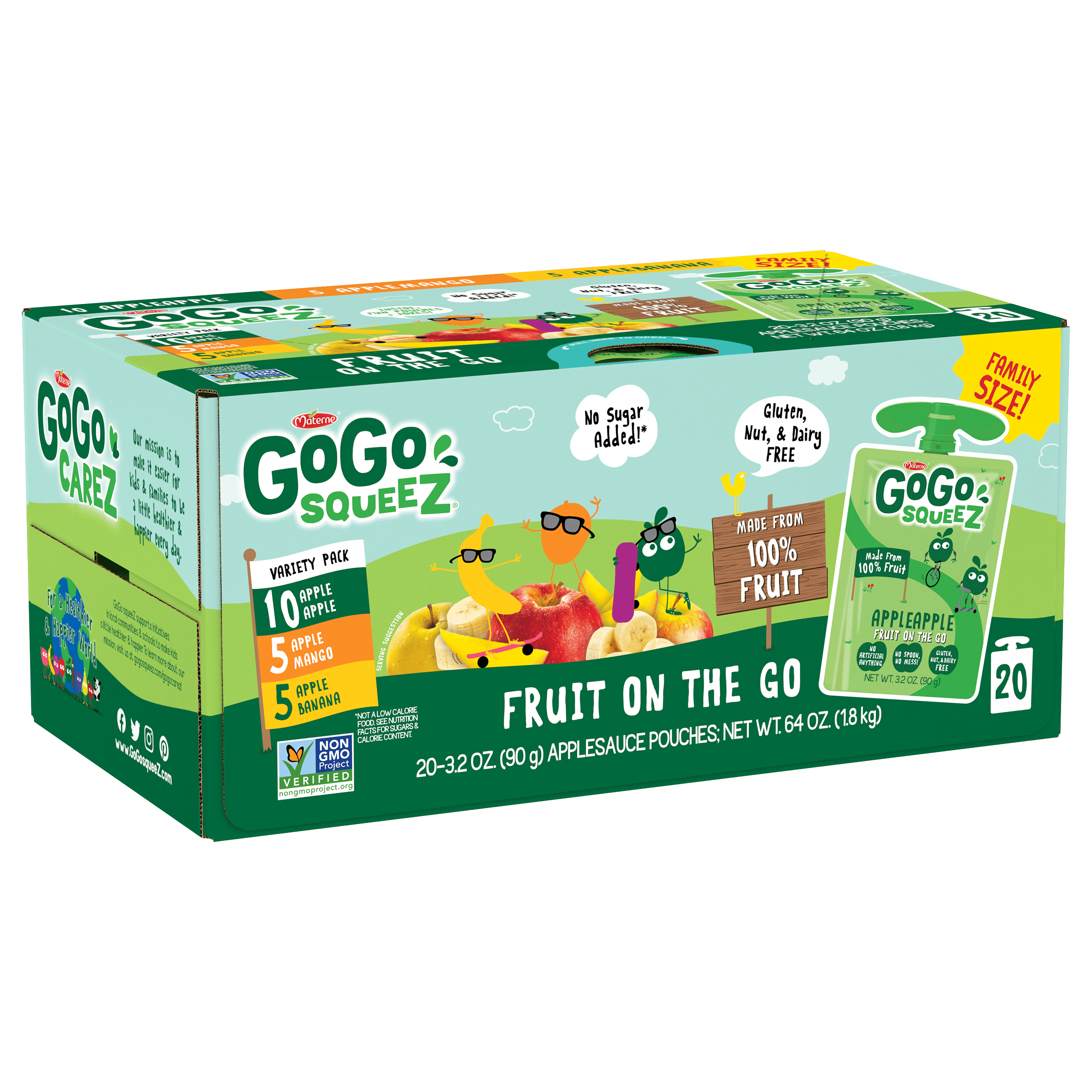 Gogo Squeez Pouches Fruit Blend Snack Apple Apple, Apple Mango & Apple Banana 20 Pack Variety Pack Box