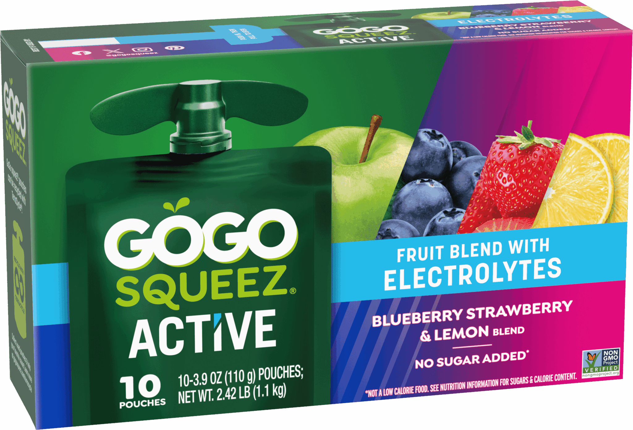 Gogo Squeez Active Fruit Blend Applesauce With Electrolytes Blueberry, Strawberry & Lemon 10 Pack Product Box with new logo