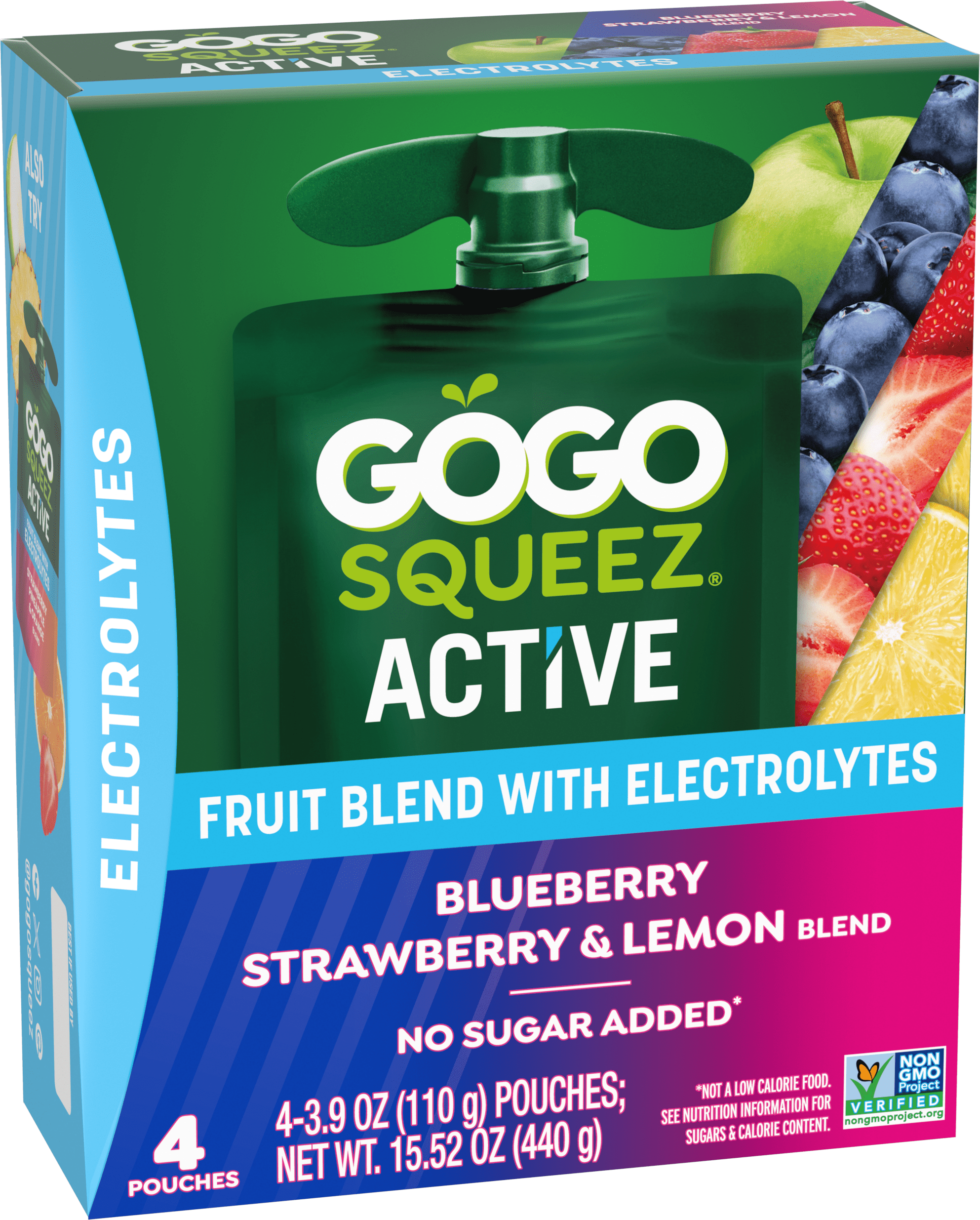 Gogo Squeez Active Fruit Blend Applesauce With Electrolytes Blueberry, Strawberry & Lemon 4 pack Product Box with new logo