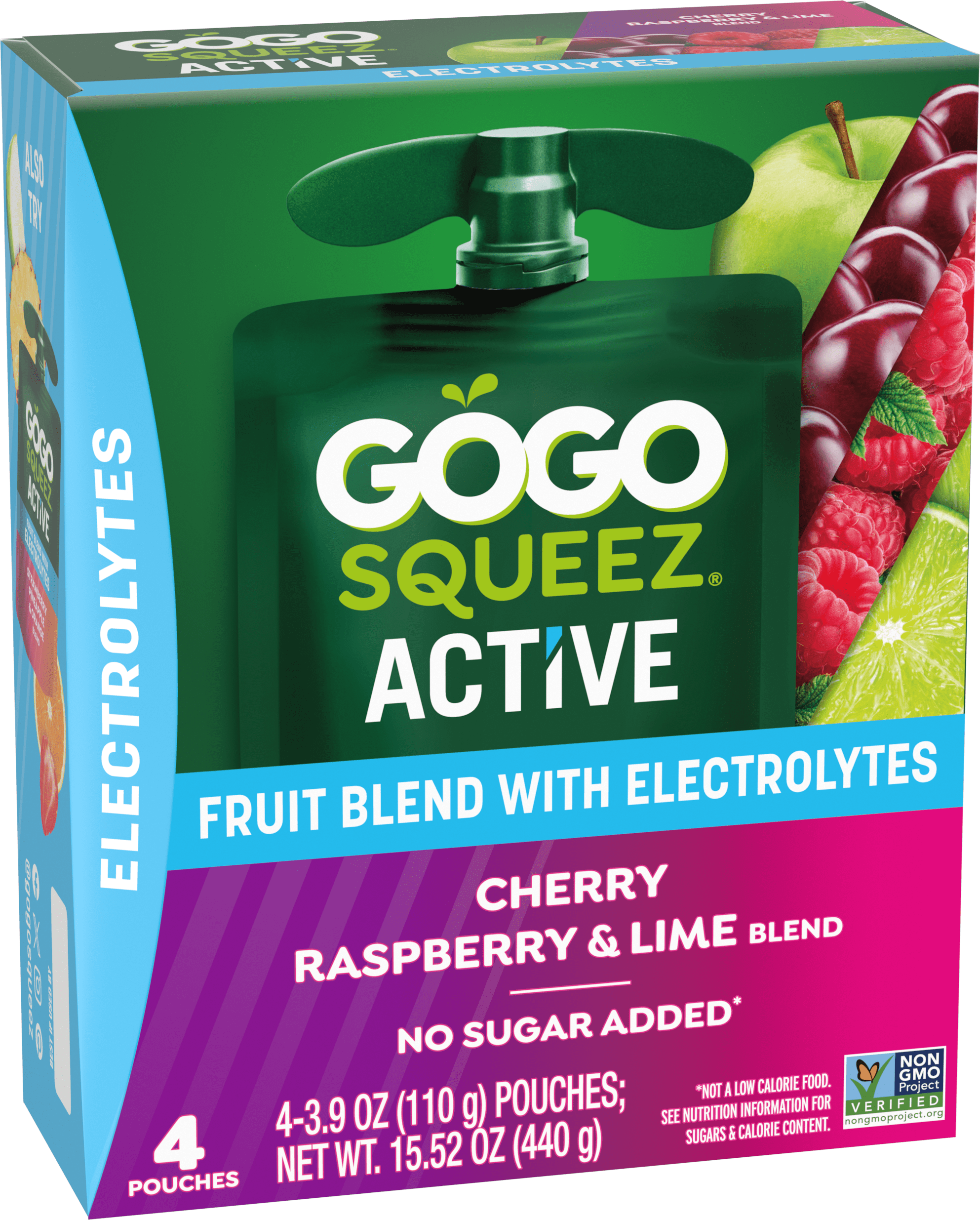 Gogo Squeez Active Fruit Blend Applesauce With Electrolytes Cherry, Raspberry & Lime 4 pack Product Box with new logo