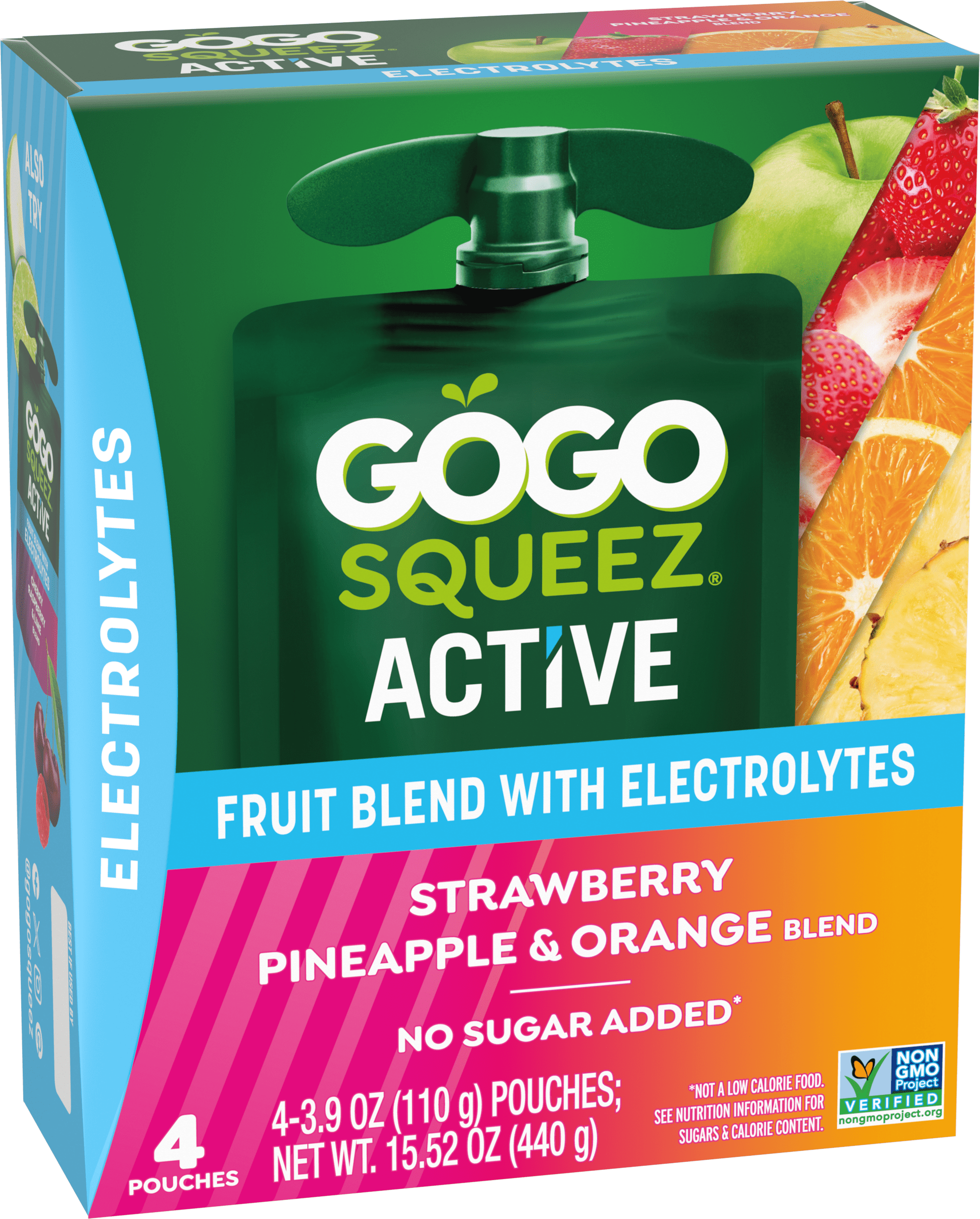 Gogo Squeez Active Fruit Blend Applesauce With Electrolytes Strawberry, Pineapple & Orange 4 pack Product Box with new logo