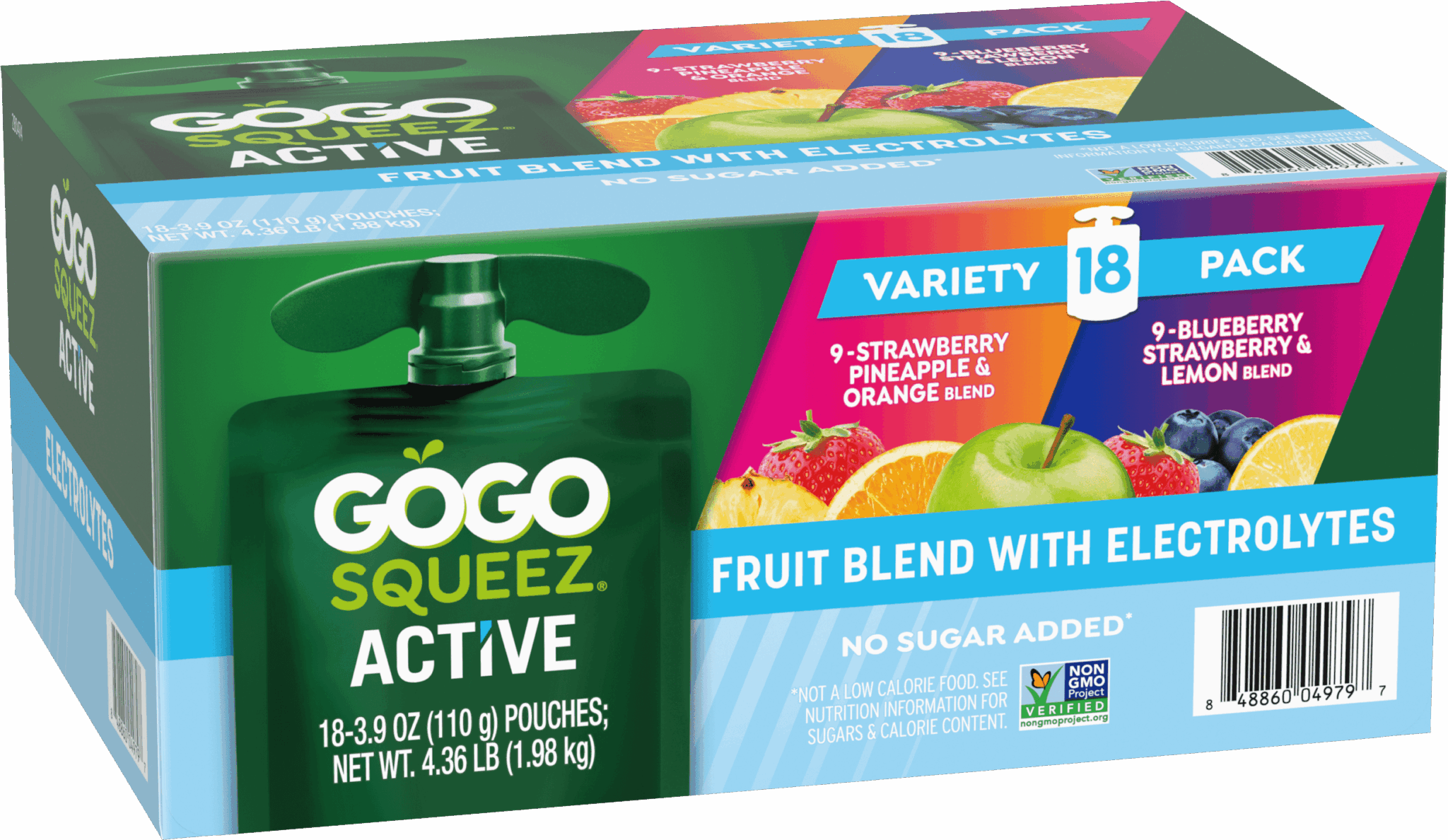 GoGo Squeez Active Fruit Blend Applesauce With Electrolytes 18 count box (Strawberry Pineapple Orange & Blueberry Strawberry Lemon) with new logo