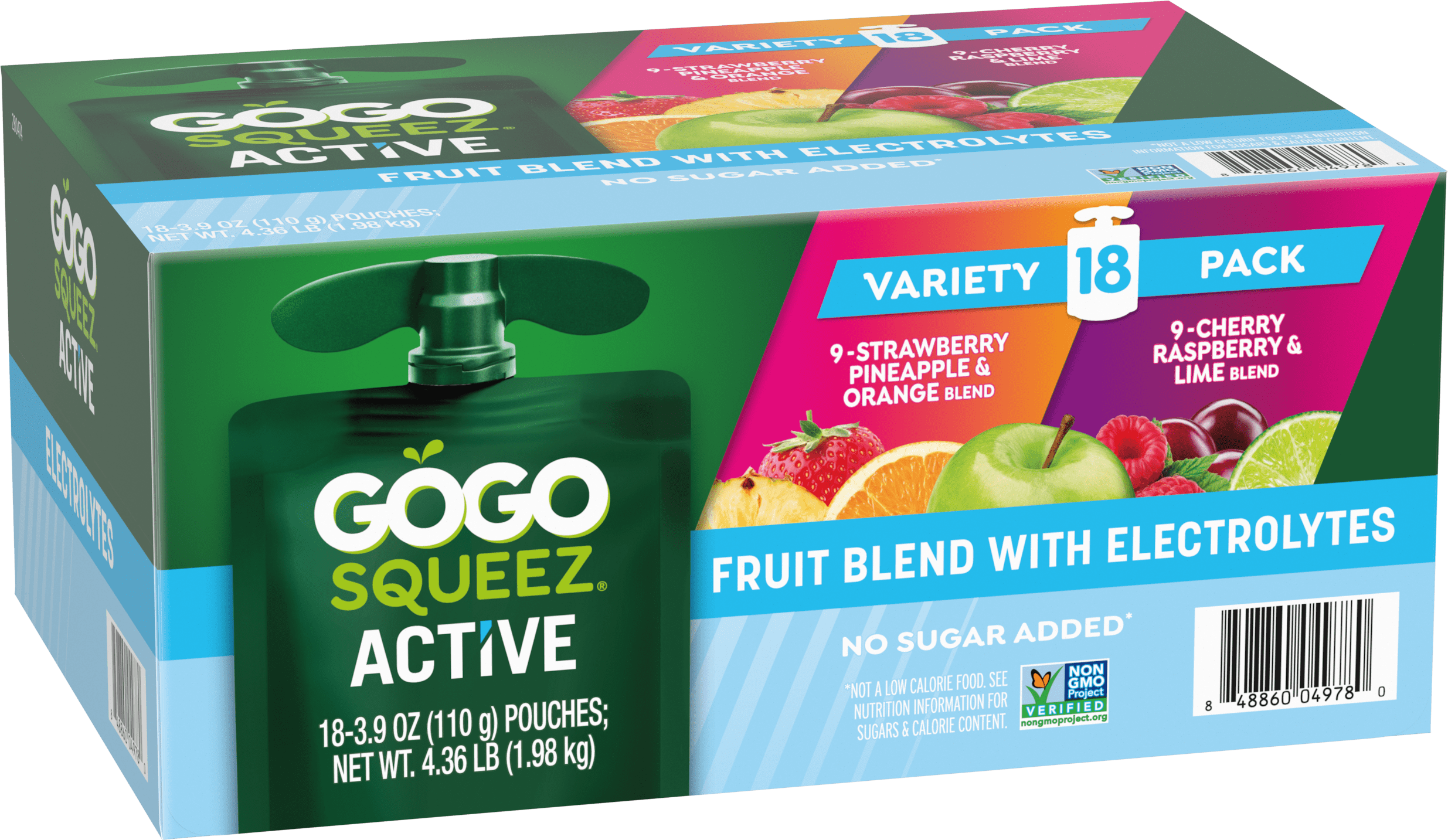 Gogo Squeez Active Fruit Blend Applesauce With Electrolytes Strawberry, Pineapple & Orange; Cherry, Raspberry & Lime 18 Pack Product Box