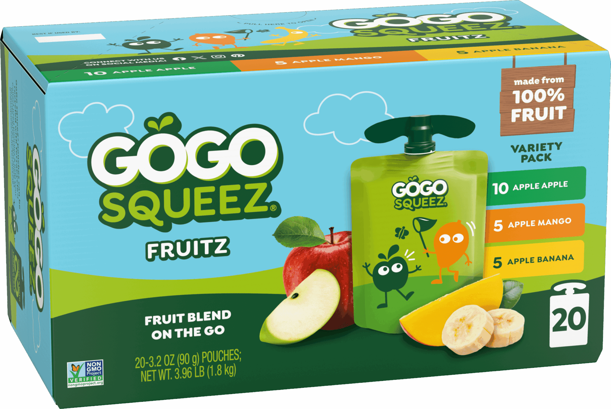 Gogo Squeez Applesauce Pouches Fruit Blend Snack Apple Apple, Apple Mango & Apple Banana 20 Pack Variety Pack Box with new logo