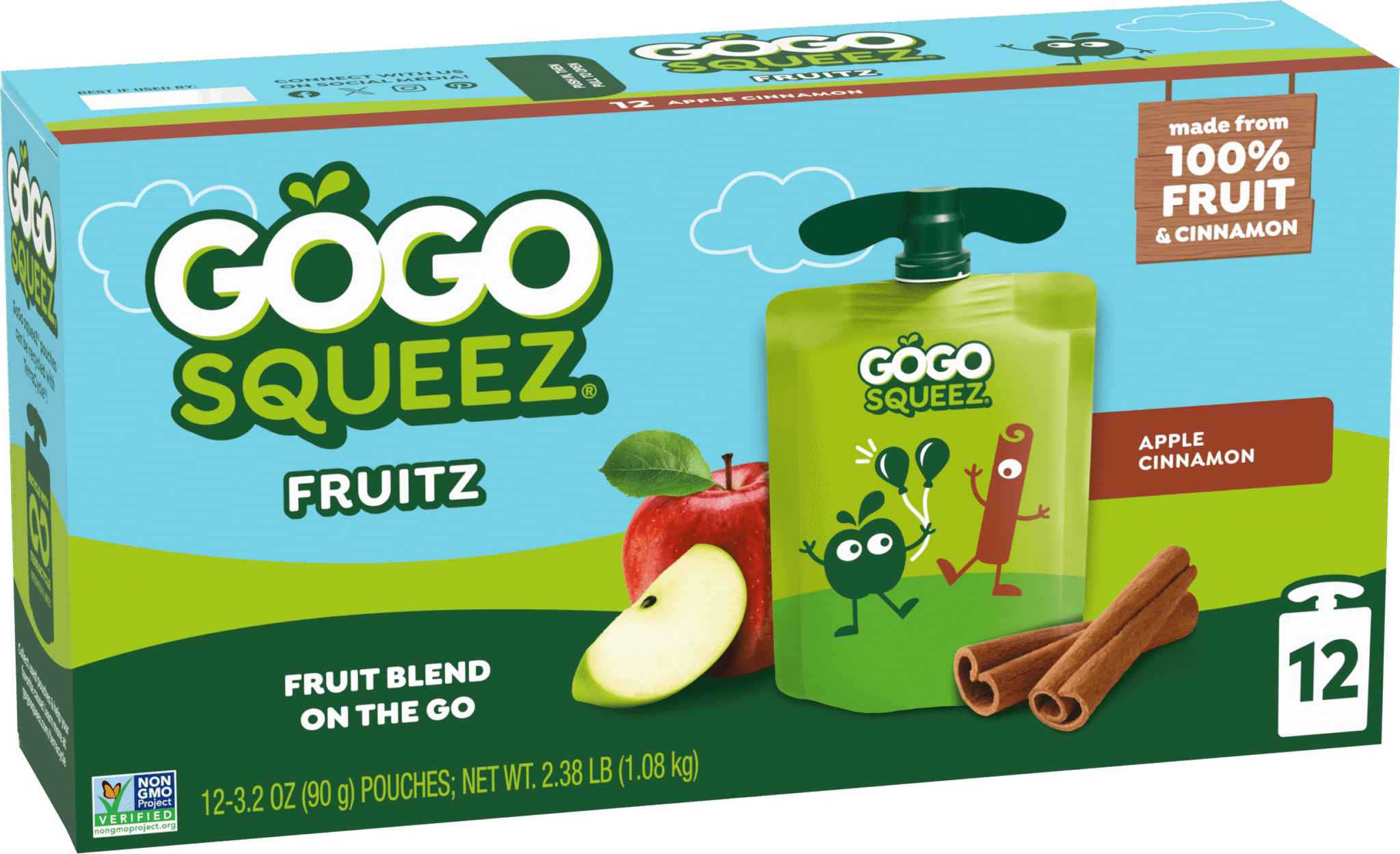 Gogo Squeez Pouches Fruit Blend Snack Apple Cinnamon Applesauce 12 pack Product Box