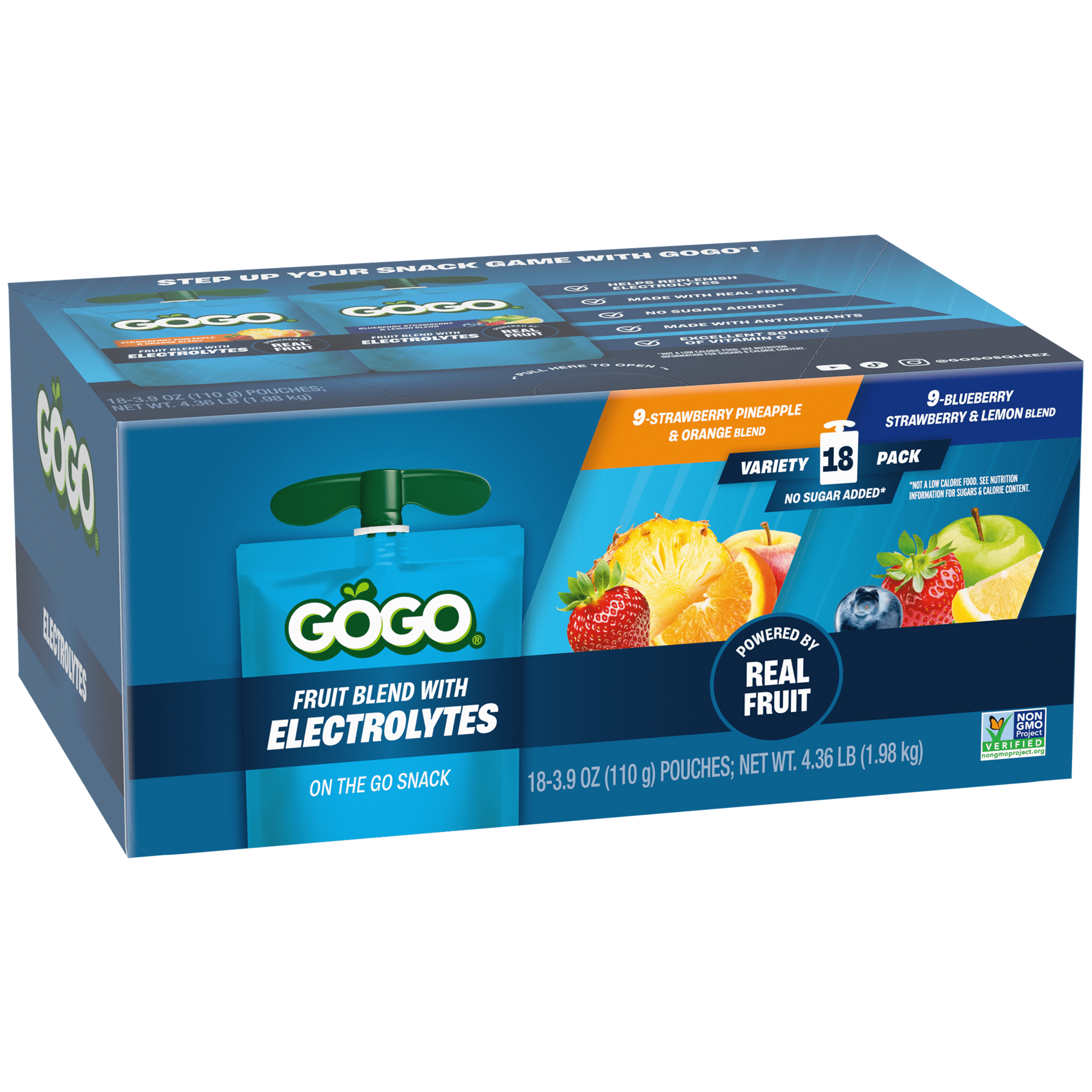 GoGo® Electrolytes Variety Pack Strawberry Pineapple & Orange, Blueberry Strawberry & Lemon 18 Pack
