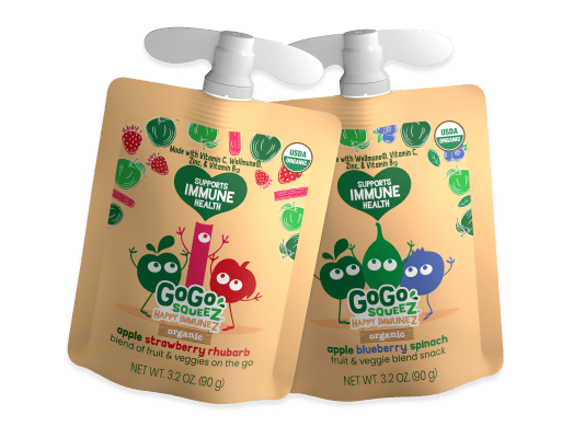 GoGo squeeZ® Happy ImmuneZ® Organic Apple Strawberry Rhubarb, Apple Blueberry Spinach Pouch Product Image
