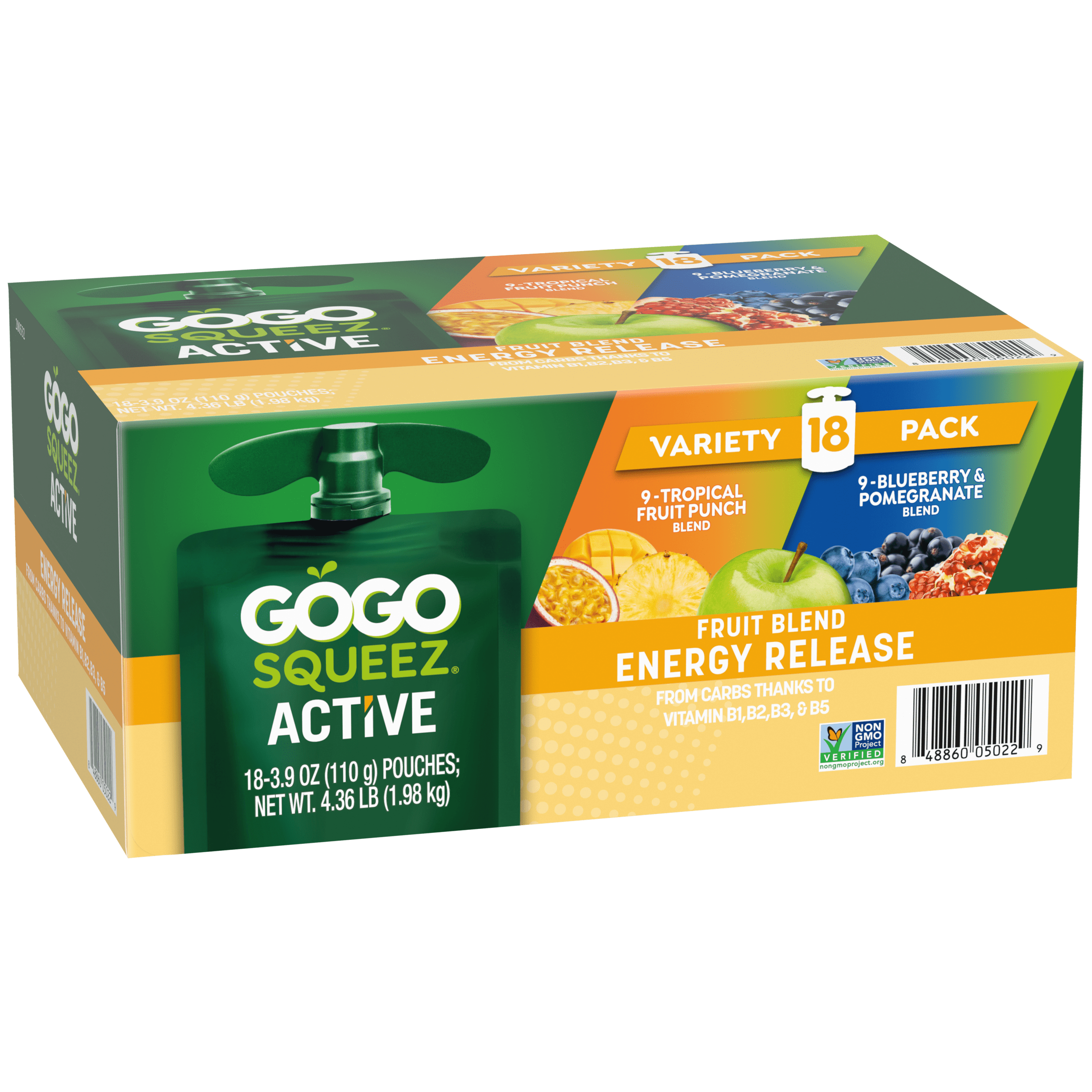 GoGo Squeez Active Fruit Blend -- Energy Release with B Vitamins Variety Pack 18 count Product Box