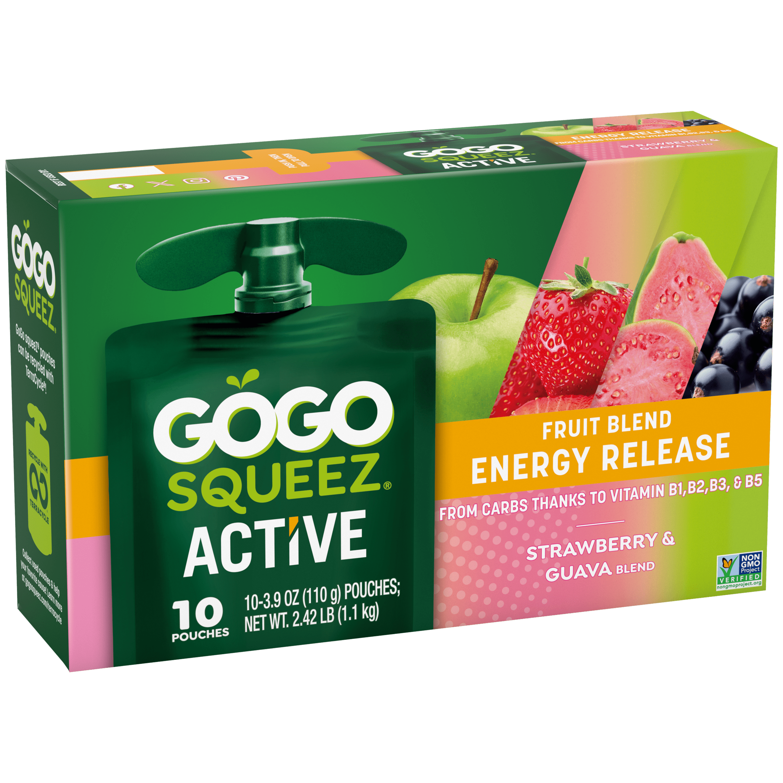 GoGo Squeez Active Fruit Blend -- Energy Release with B Vitamins: Strawberry Guava flavor 10 count product box