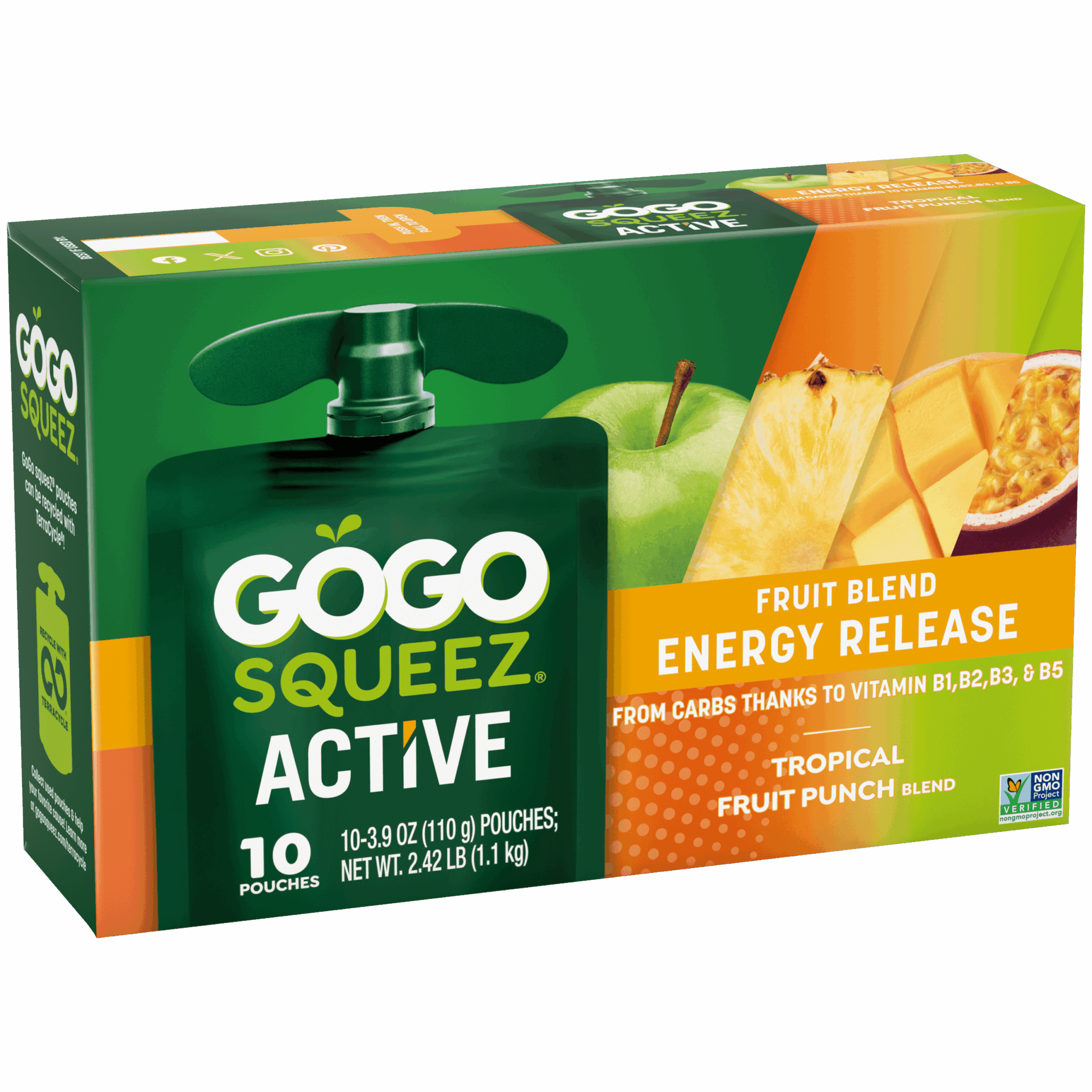 GoGo Squeez Active Fruit Blend -- Energy Release with B Vitamins: Tropical Fruit Punch flavor 10 count product box