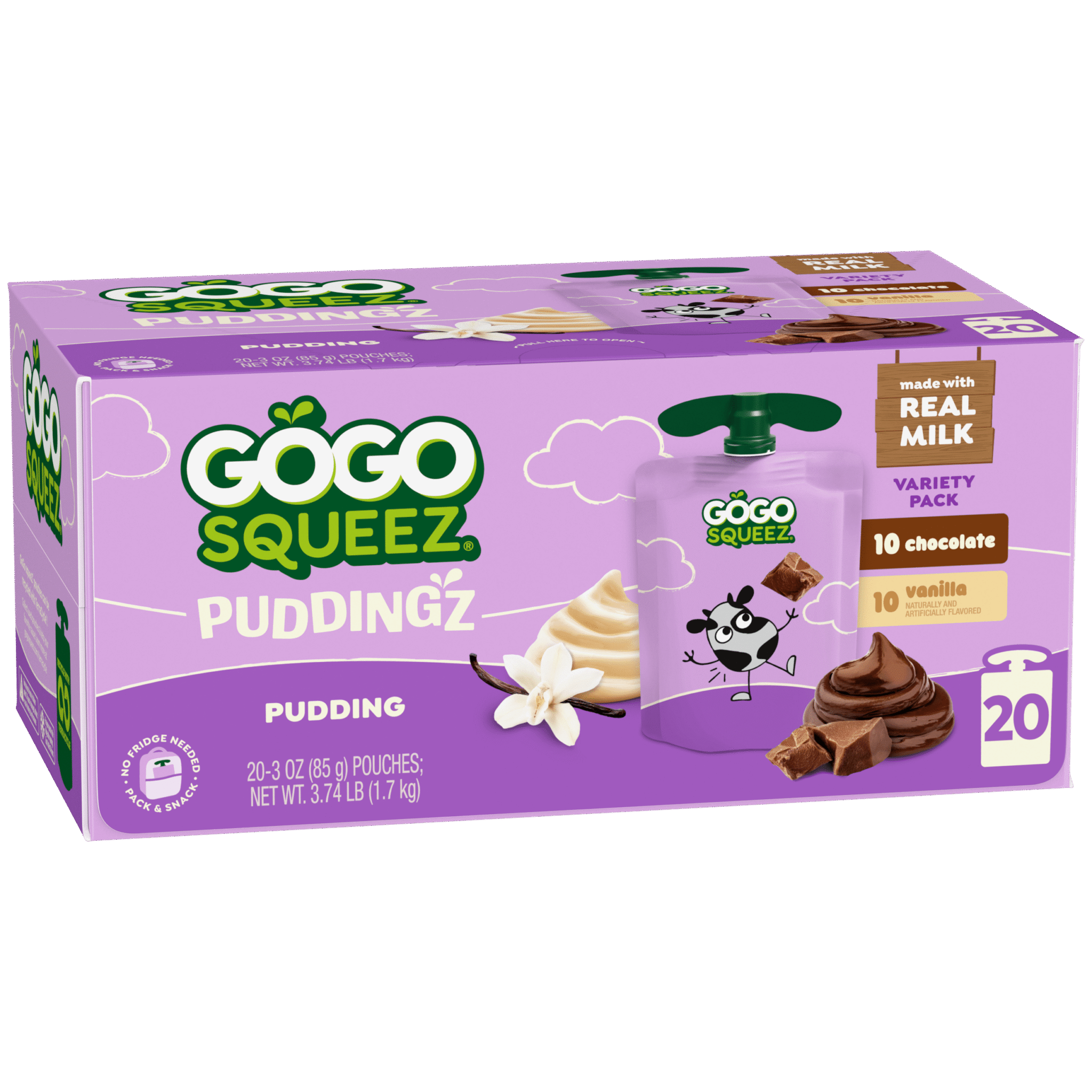 GoGo Squeez PuddingZ Chocolate & Vanilla Pudding Pouches Variety Pack, 20 count box