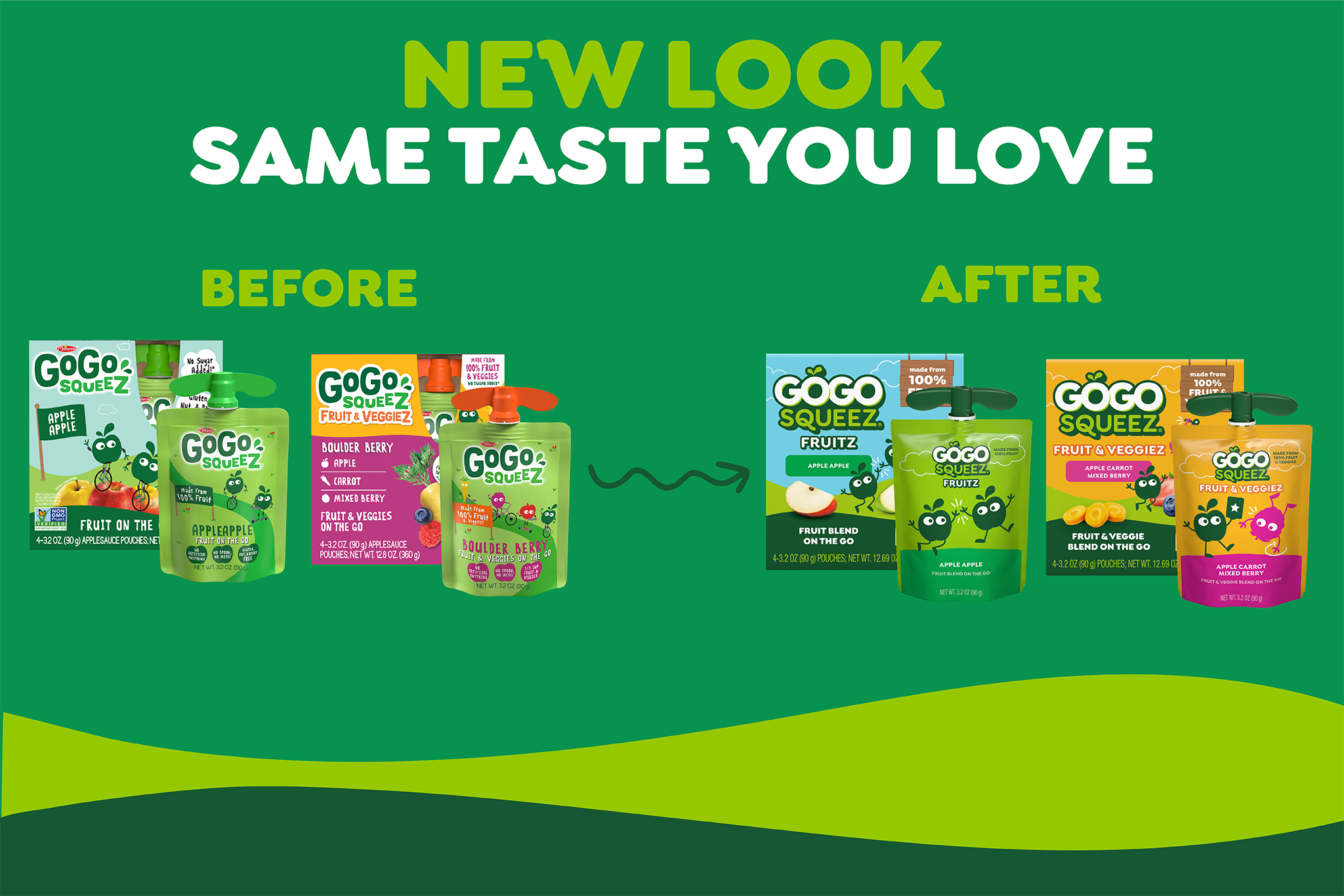 GoGo squeeZ product packaging before and after images featuring FRUITZ and FRUIT & VEGGIEZ products.