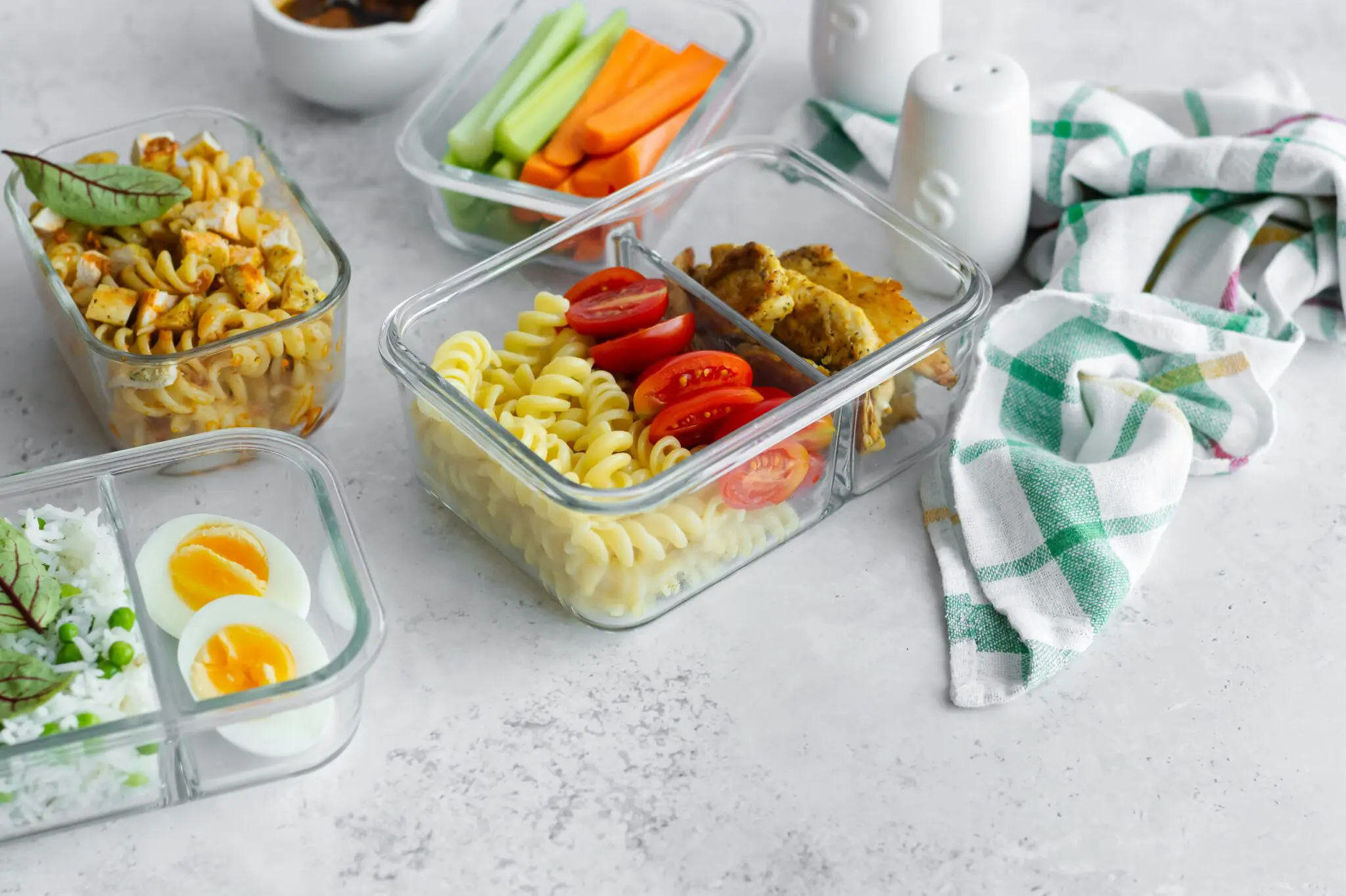 Four containers of prepared food for lunch including one with boiled eggs and rice, one with pasta, tomatoes and cooked chicken, one with raw celery and carrot and one with a prepared pasta dish.